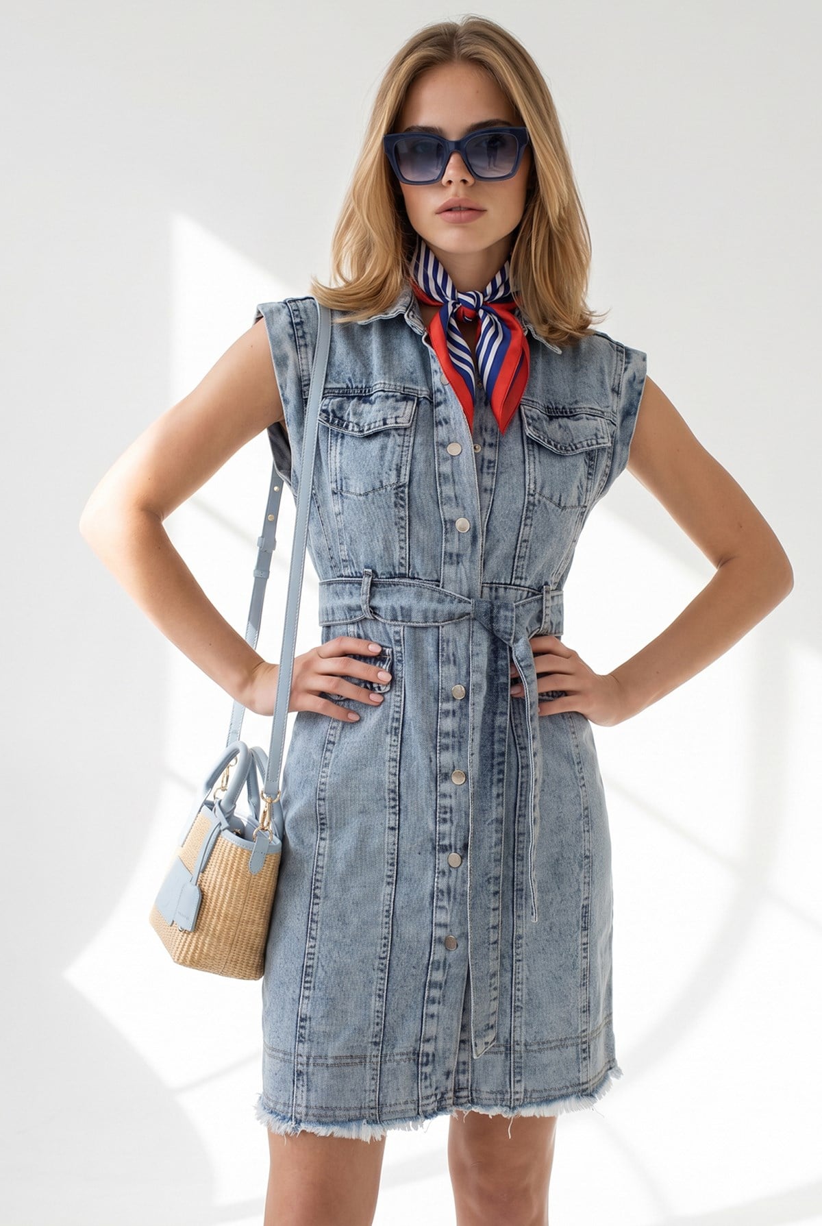 Kuşaklı Cepli Püskül Detaylı Mini Denim Elbise Açık Mavi