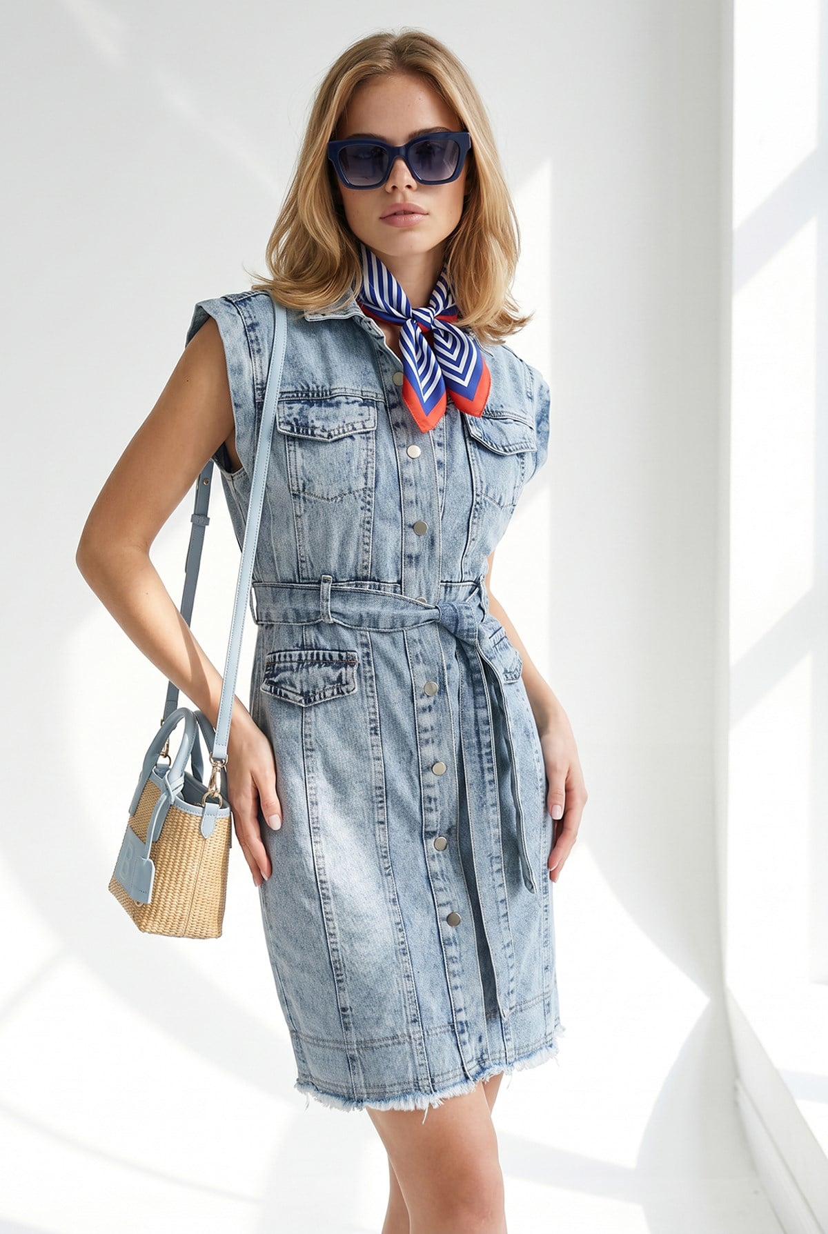 Kuşaklı Cepli Püskül Detaylı Mini Denim Elbise Açık Mavi
