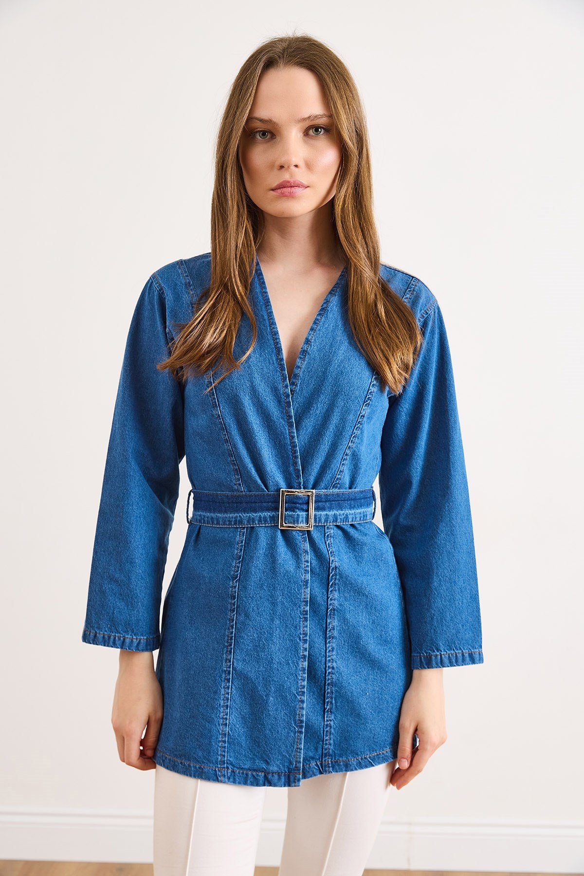 Kuşaklı Mevsimlik Denim Ceket Orta Mavi