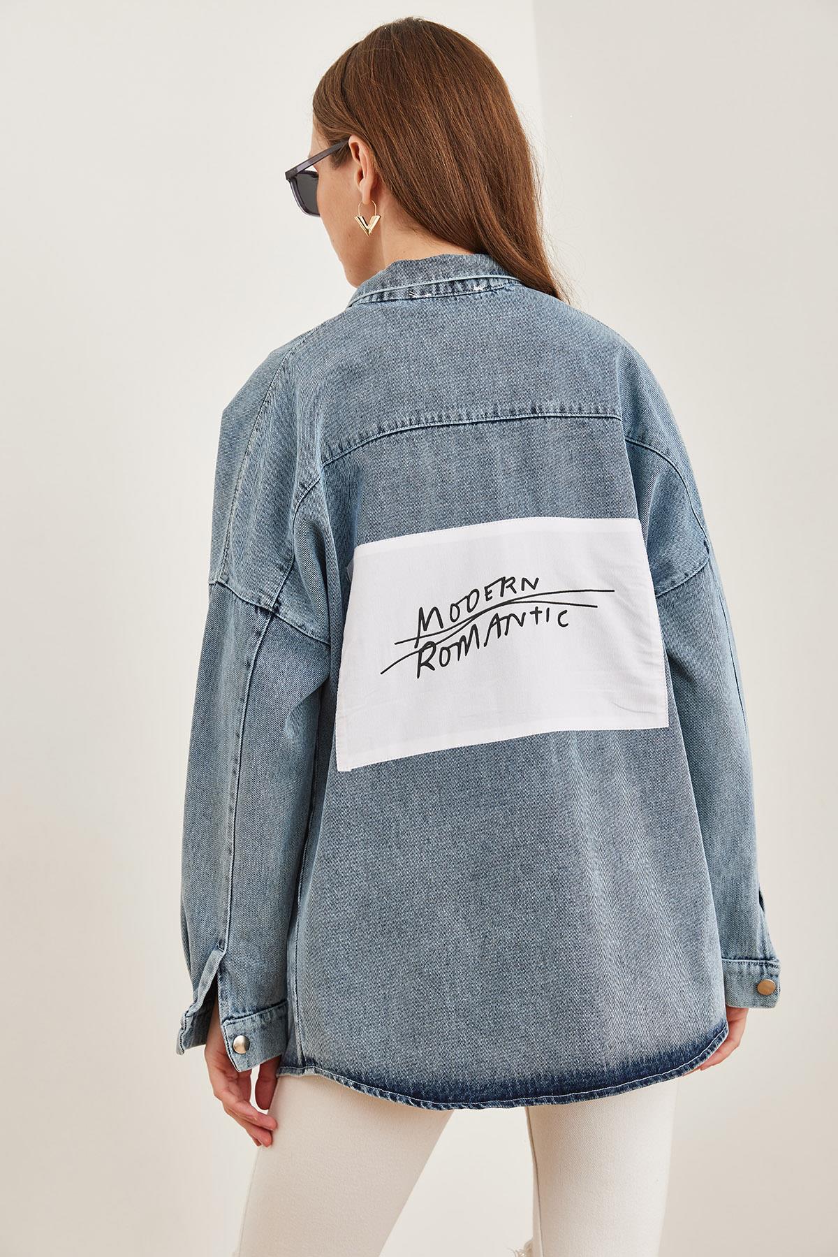 Lazer Kesim Cepli Sırtı Aplike Detaylı Denim Gömlek Ceket Koyu Mavi