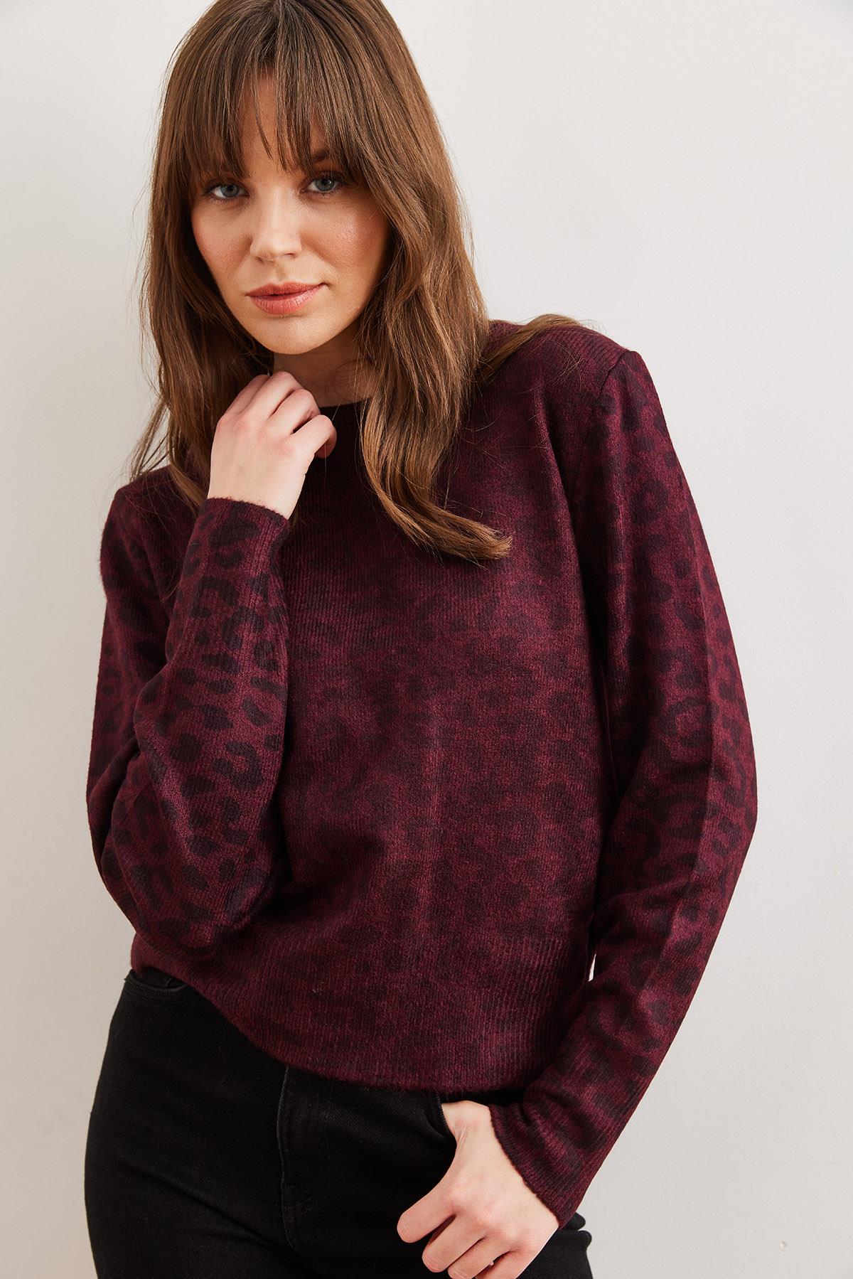 Leopar Baskılı Triko Kazak Bordo