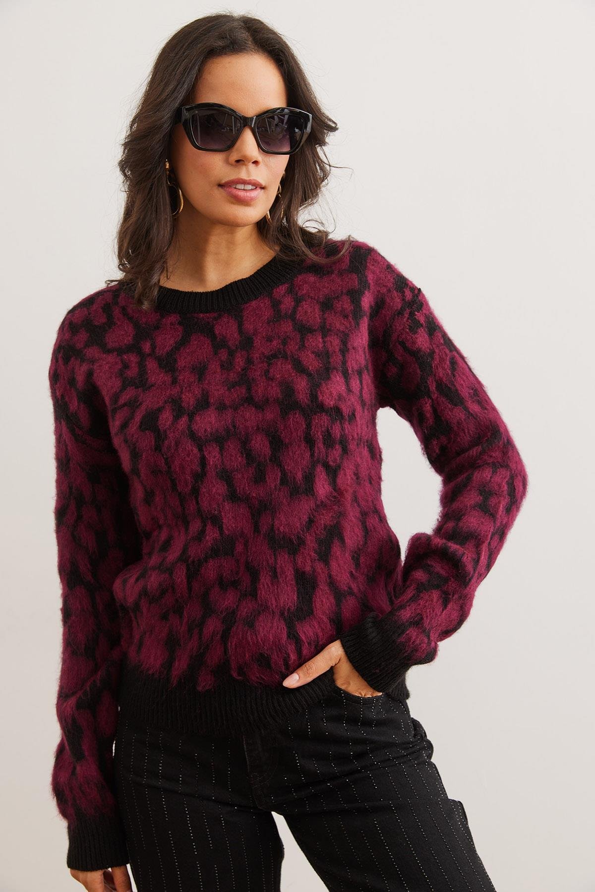 Leopar Desenli Şardonlu Triko Kazak Bordo
