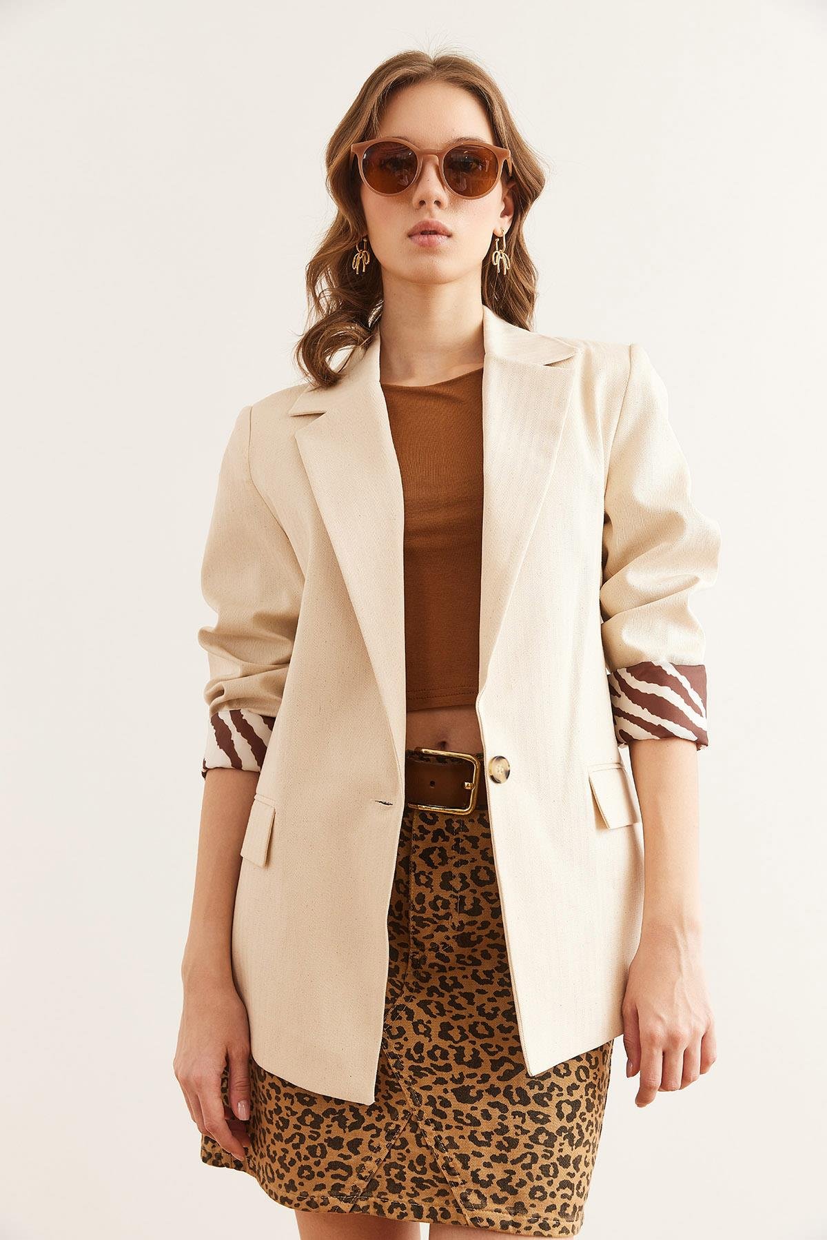 Leopar Detaylı Fleto Cep Astarlı Premium Keten Ceket Taş