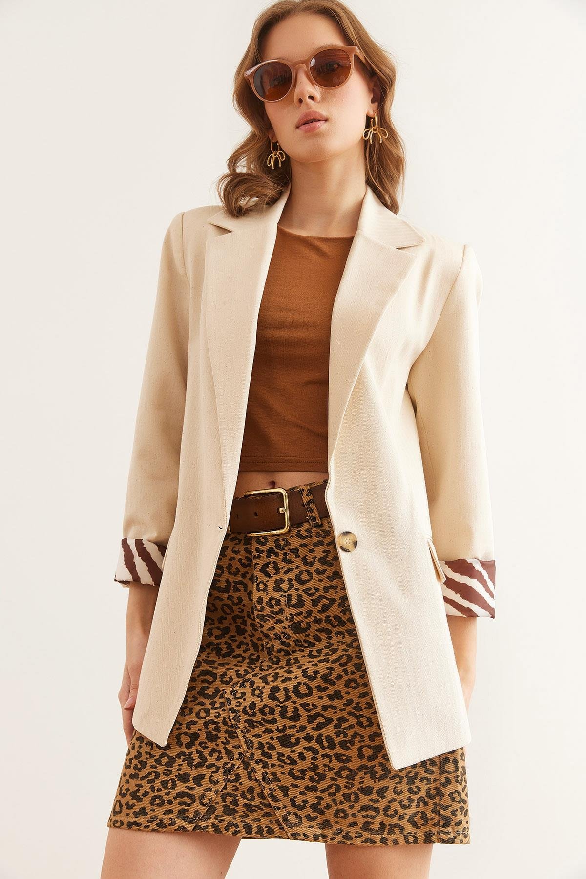 Leopar Detaylı Fleto Cep Astarlı Premium Keten Ceket Taş