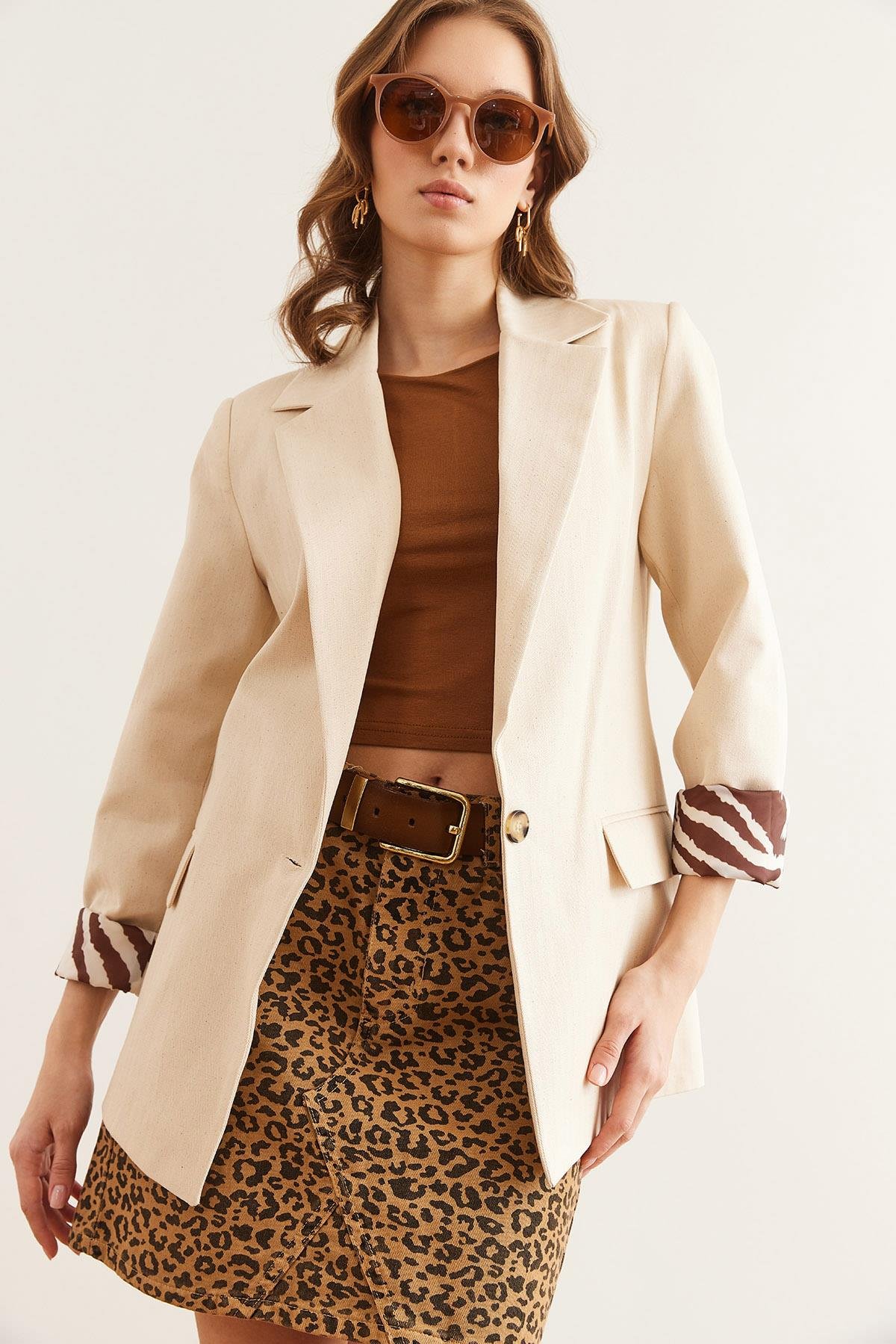 Leopar Detaylı Fleto Cep Astarlı Premium Keten Ceket Taş