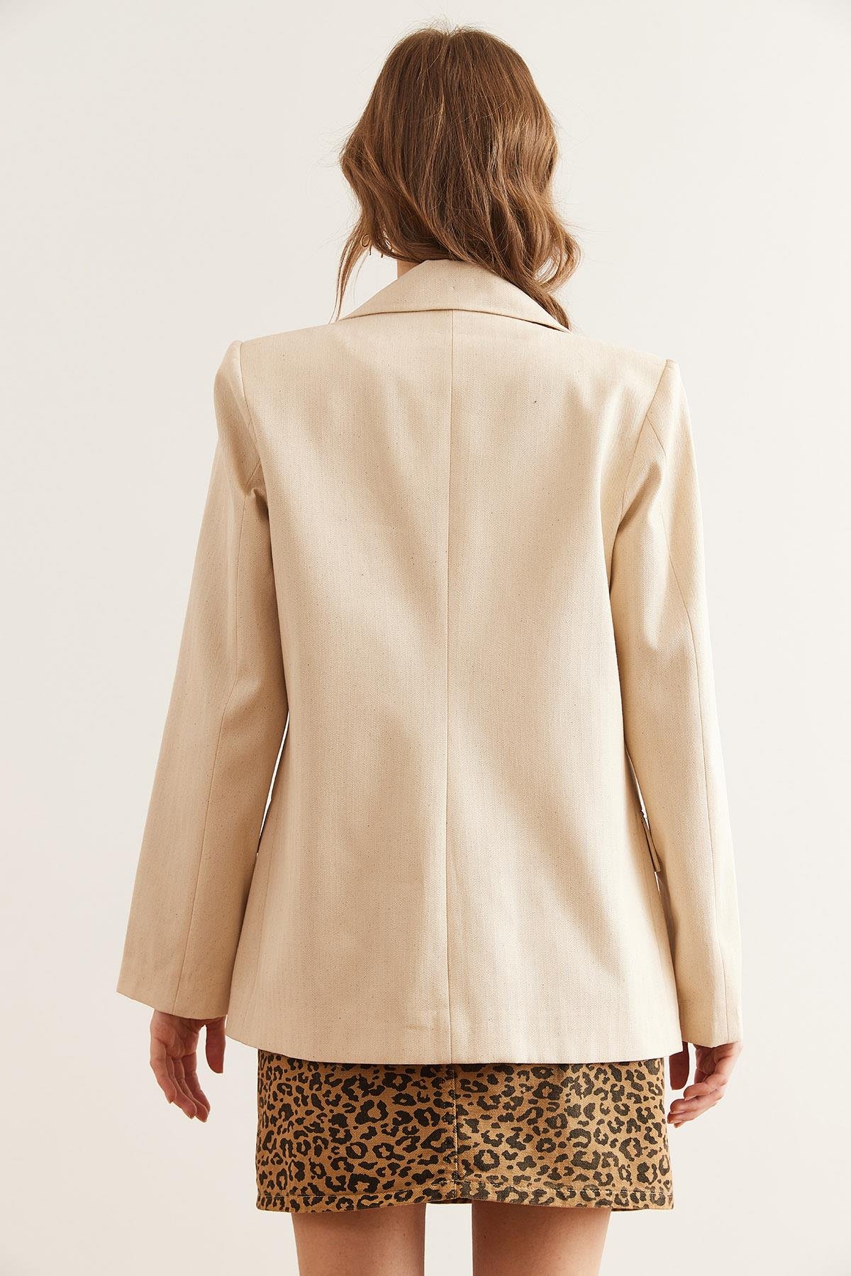 Leopar Detaylı Fleto Cep Astarlı Premium Keten Ceket Taş