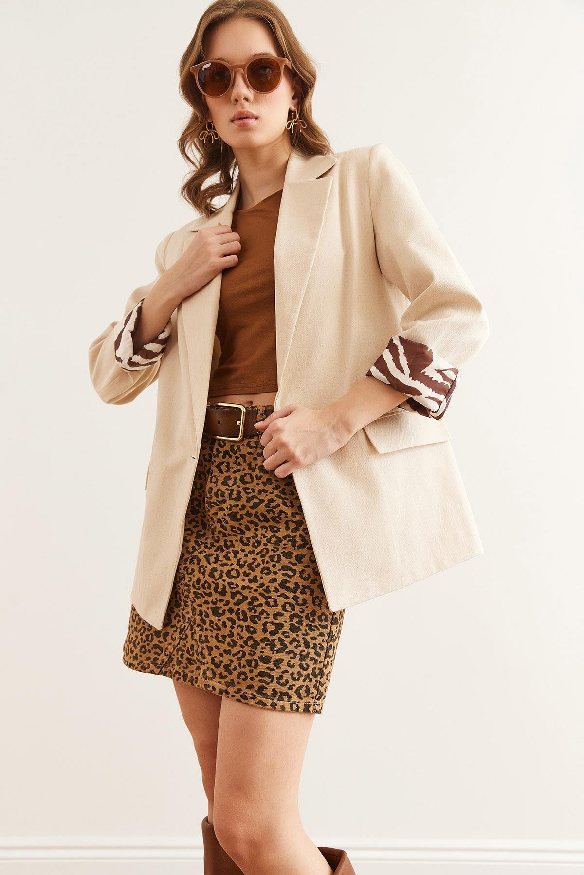 Leopar Detaylı Fleto Cep Astarlı Premium Keten Ceket Taş