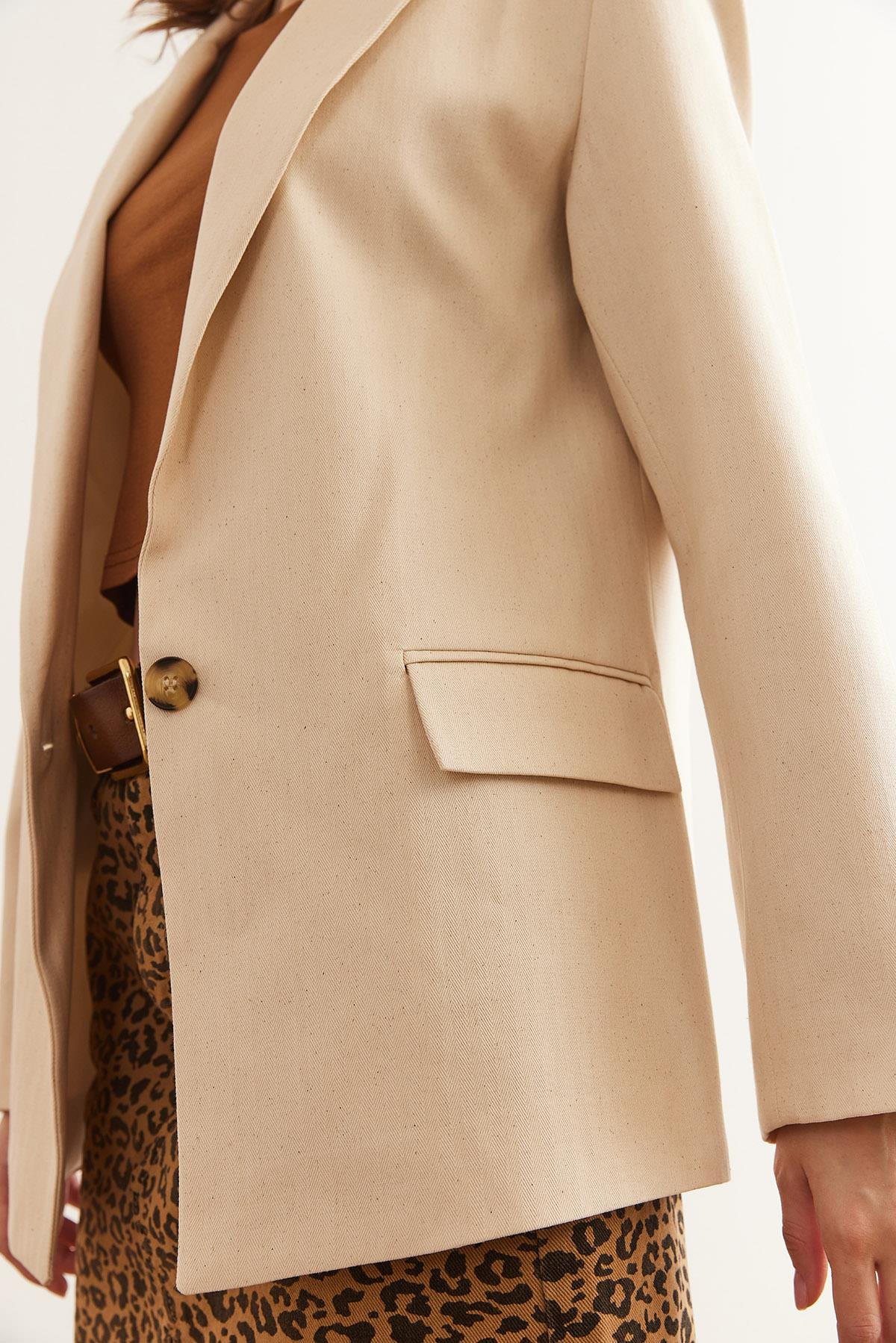 Leopar Detaylı Fleto Cep Astarlı Premium Keten Ceket Taş