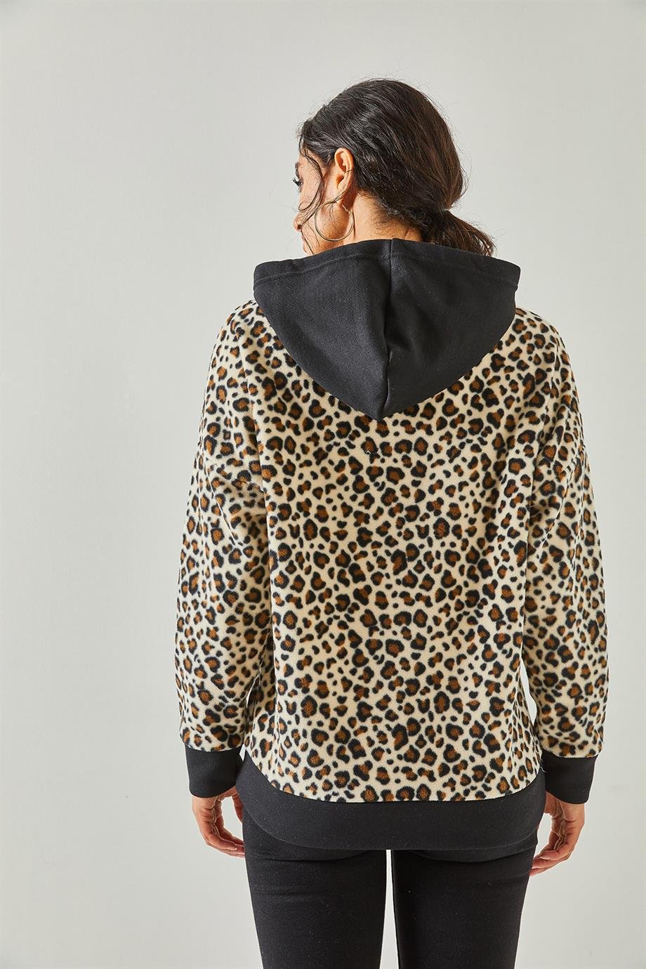 Leopar Kapşonlu Polar Sweatshirt Ekru Leopar