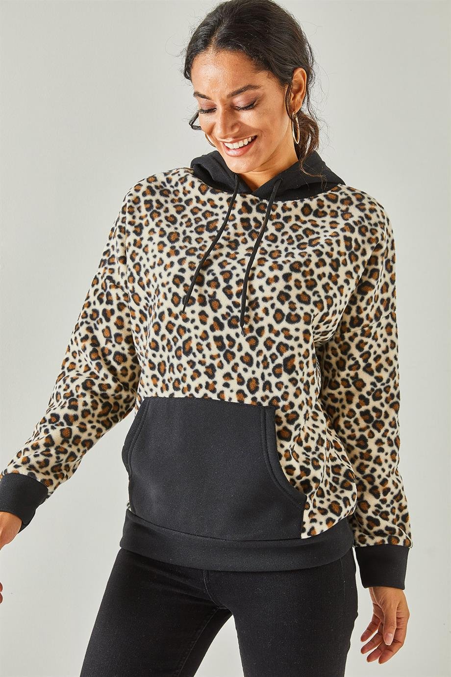 Leopar Kapşonlu Polar Sweatshirt Ekru Leopar