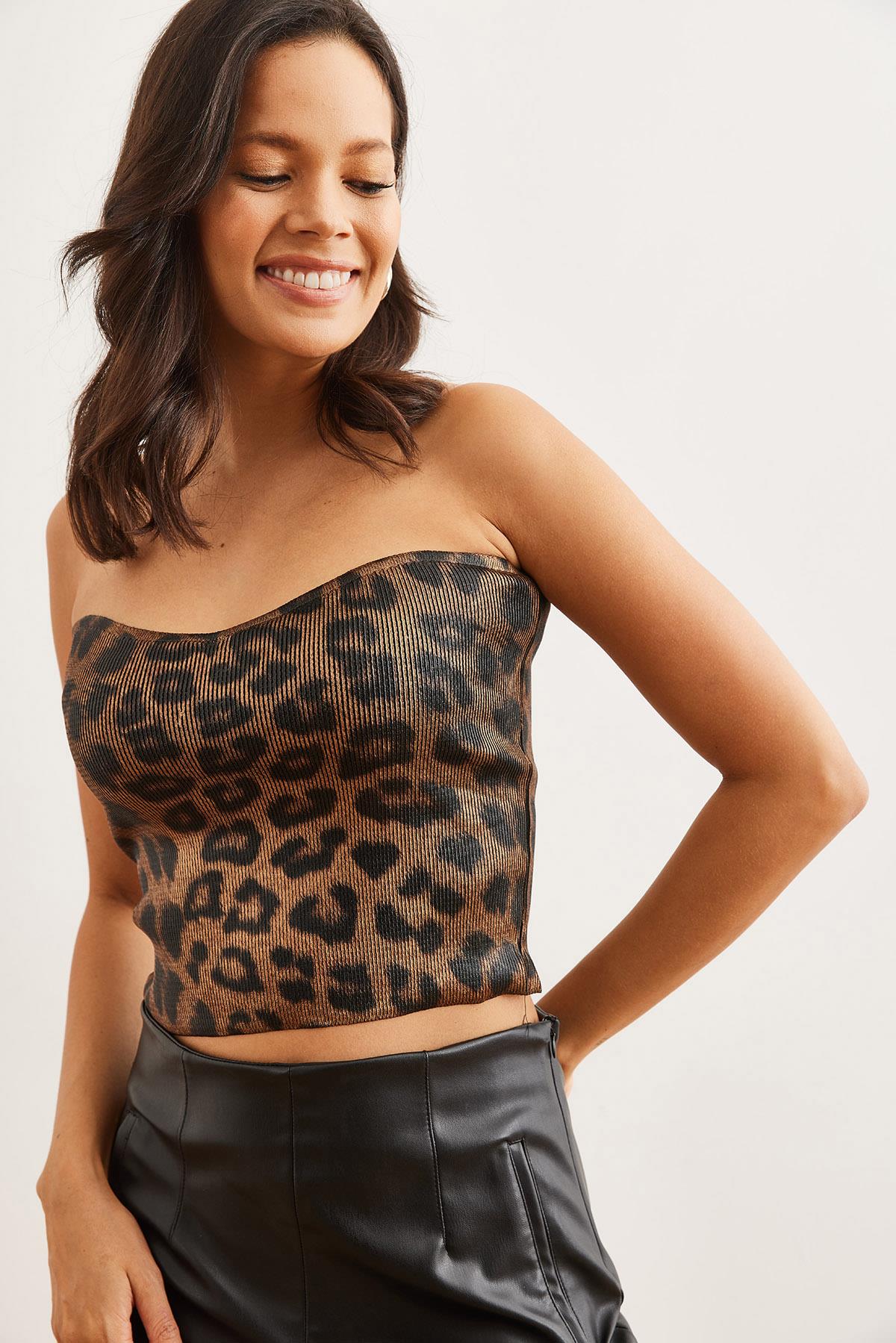 Leopar Straplez Triko Bluz Bronz