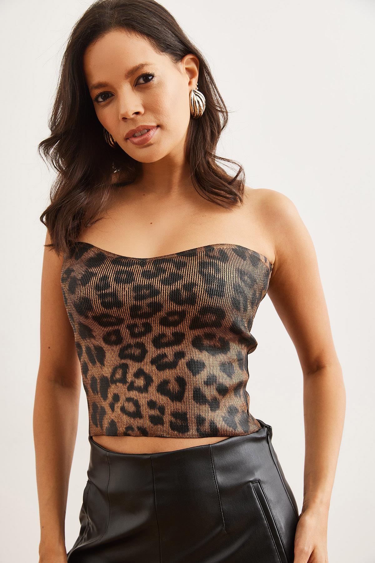 Leopar Straplez Triko Bluz Bronz