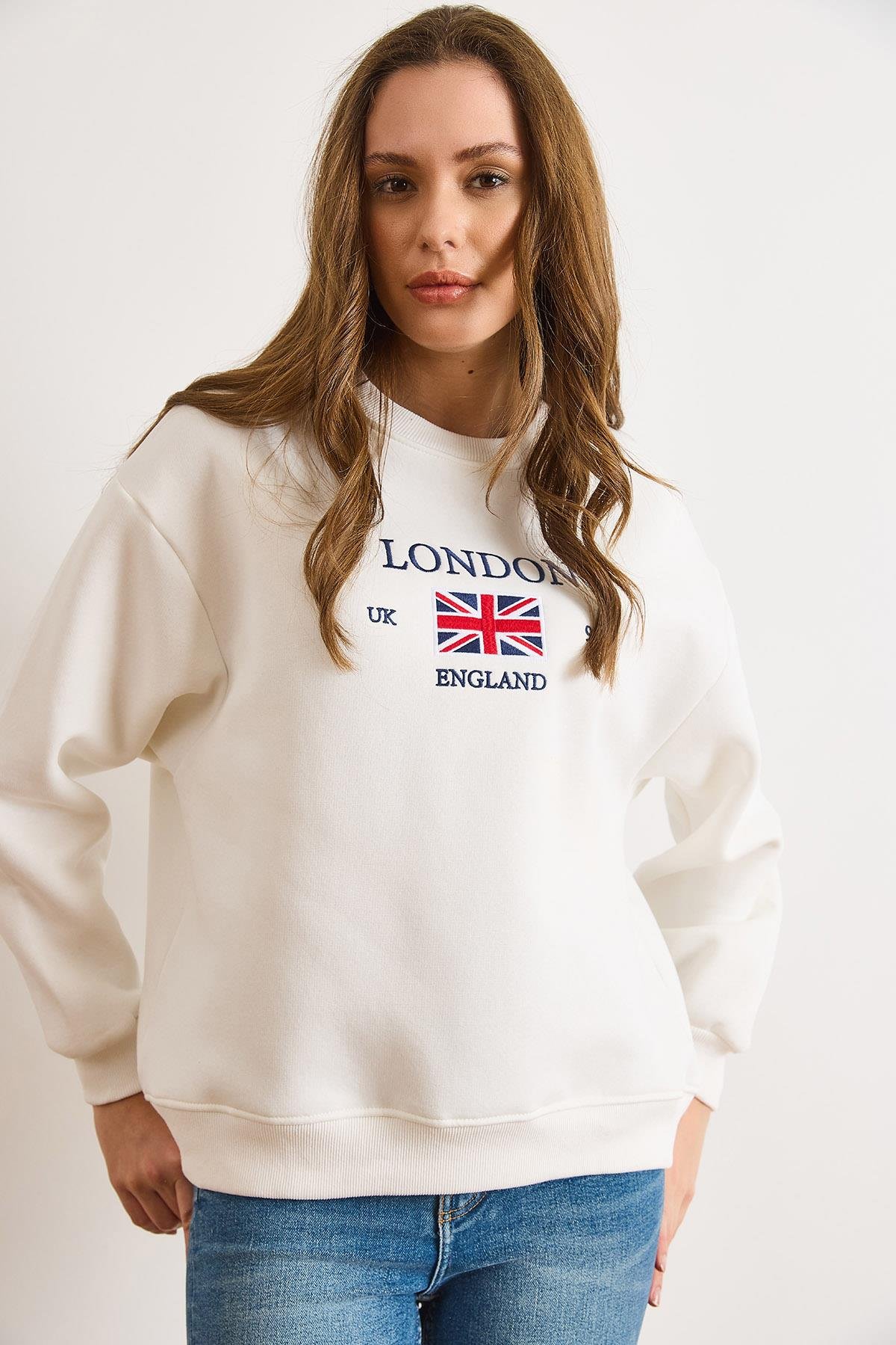 London Nakışlı Şardonlu Kalın Sweatshirt Beyaz
