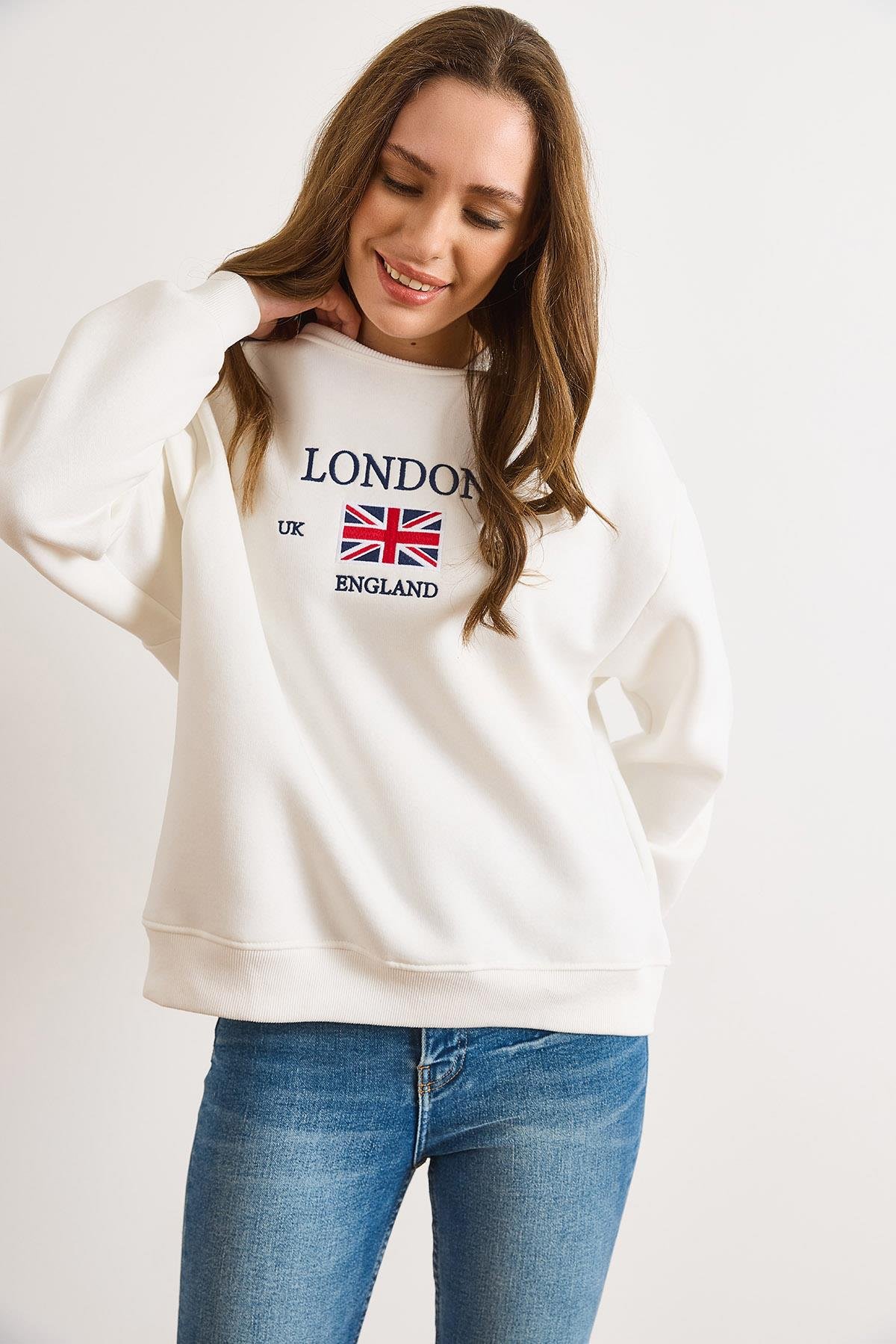 London Nakışlı Şardonlu Kalın Sweatshirt Beyaz