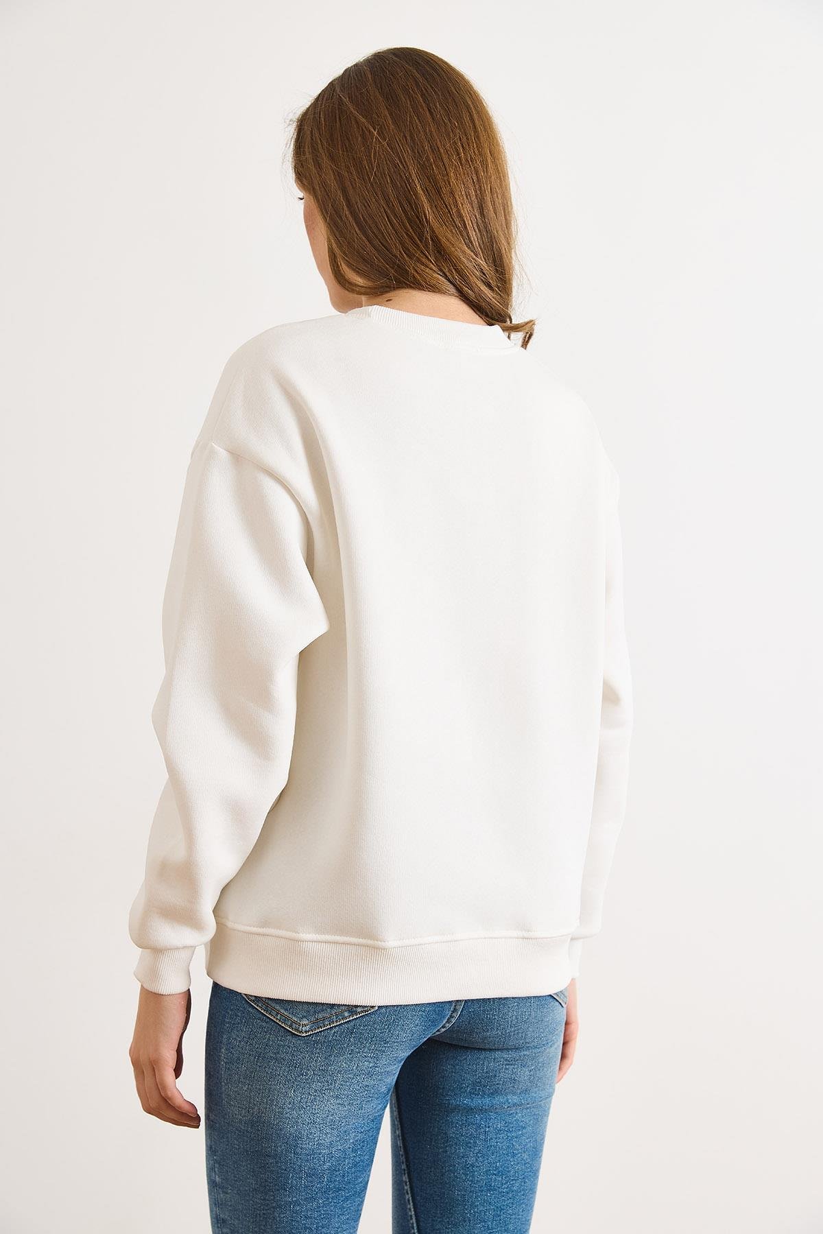 London Nakışlı Şardonlu Kalın Sweatshirt Beyaz