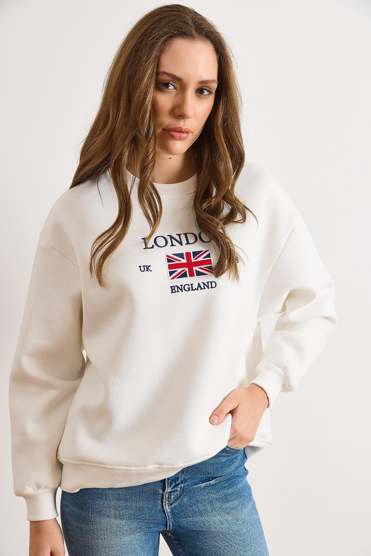 London Nakışlı Şardonlu Kalın Sweatshirt Beyaz