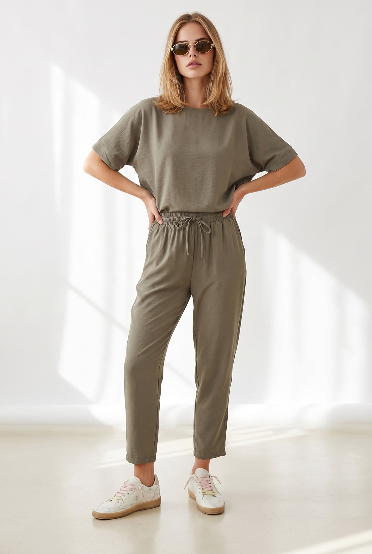 Loose Fit Alt Üst Dokuma Modal Takım Haki