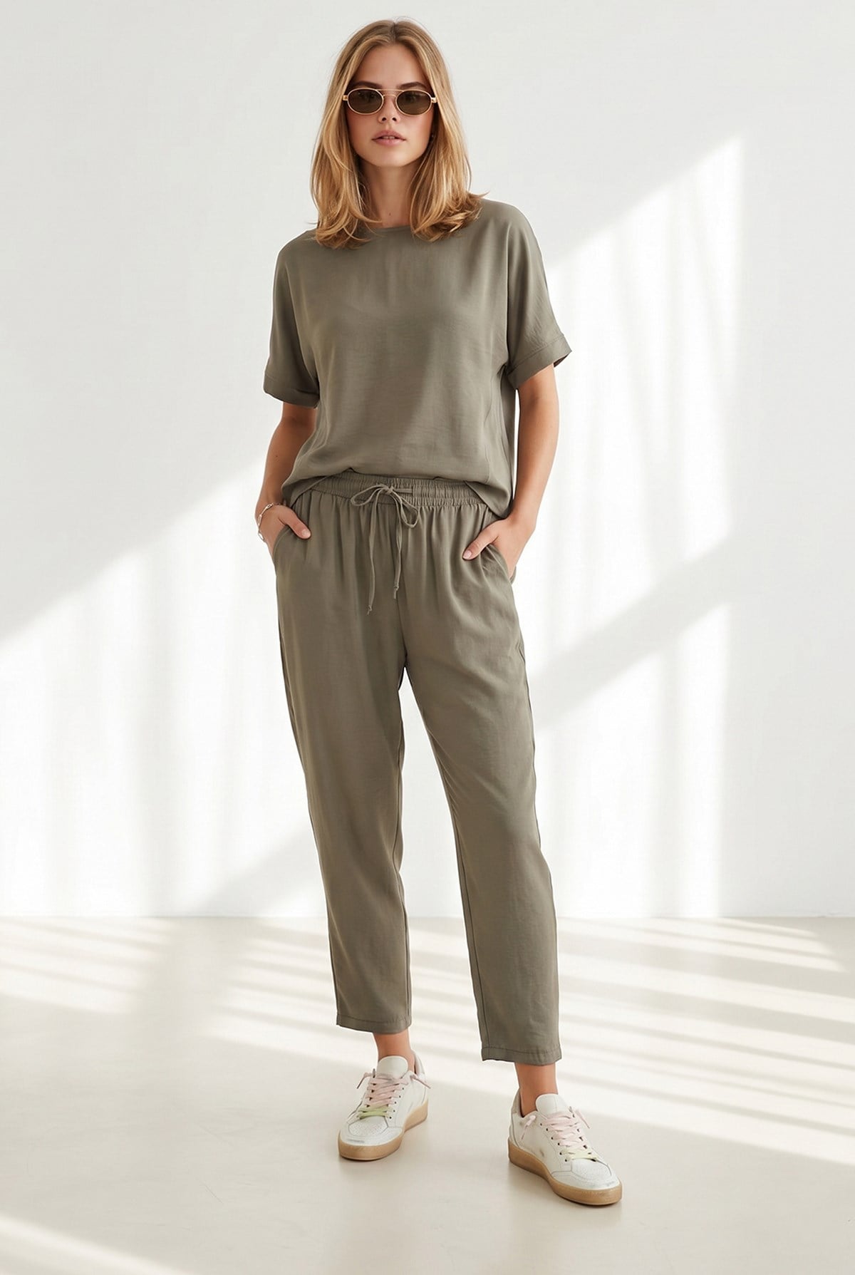 Loose Fit Alt Üst Dokuma Modal Takım Haki