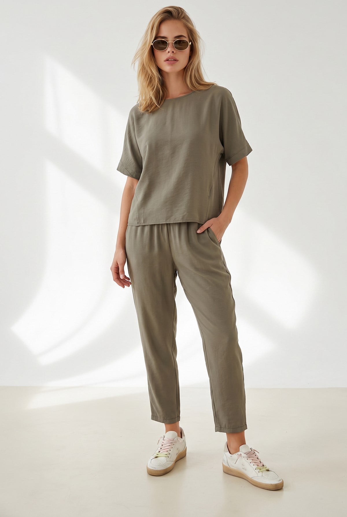 Loose Fit Alt Üst Dokuma Modal Takım Haki