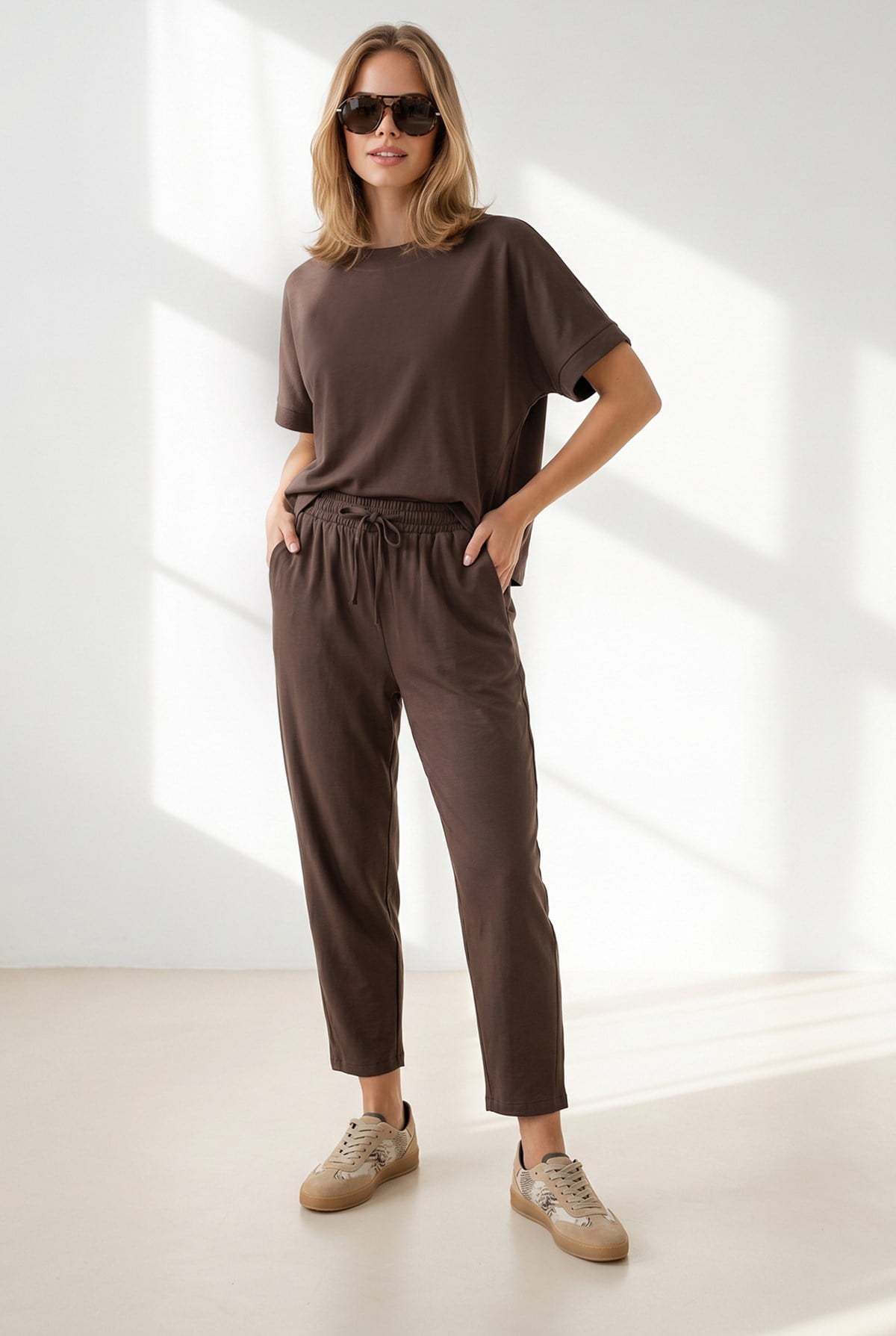 Loose Fit Alt Üst Dokuma Modal Takım Kahverengi