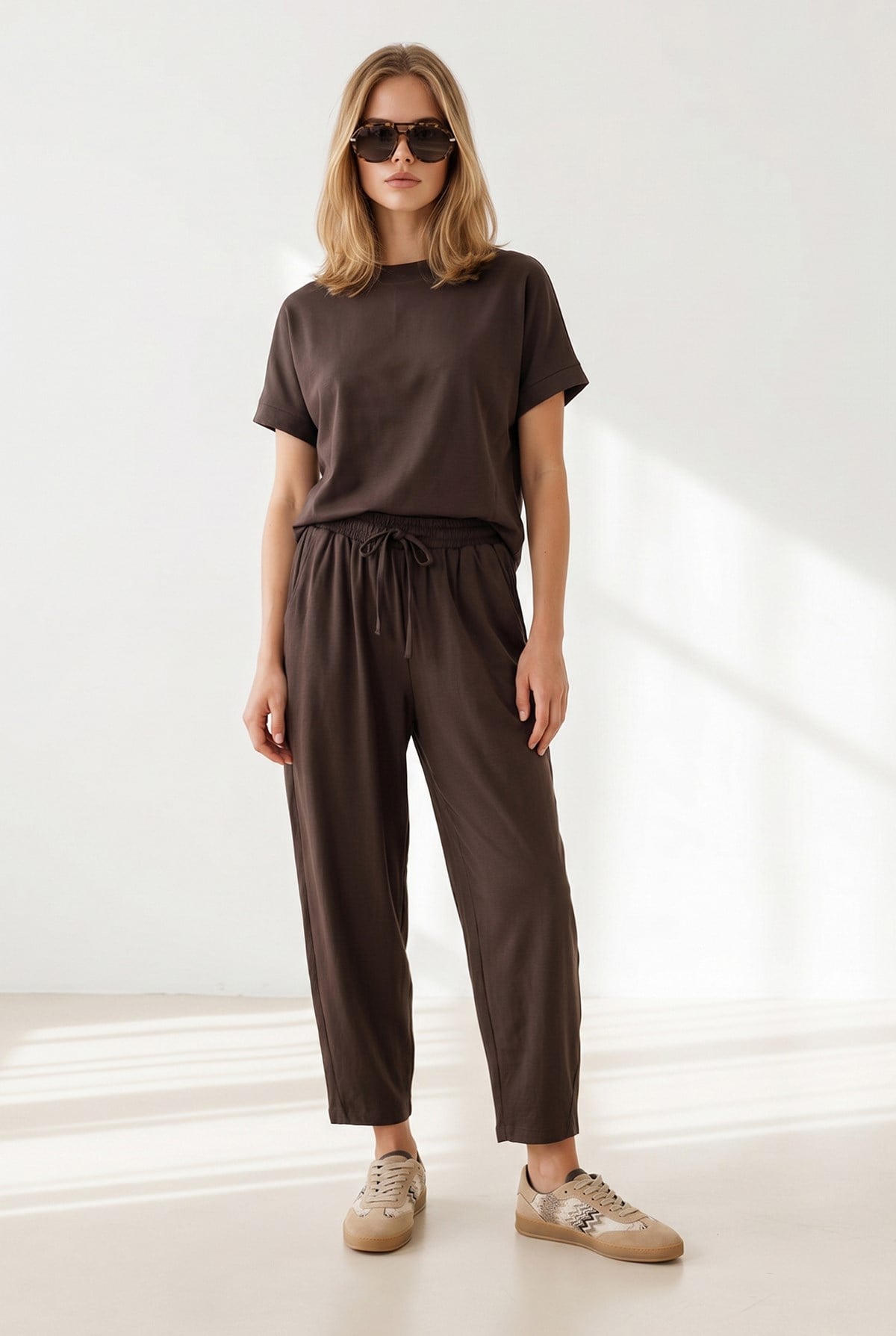 Loose Fit Alt Üst Dokuma Modal Takım Kahverengi
