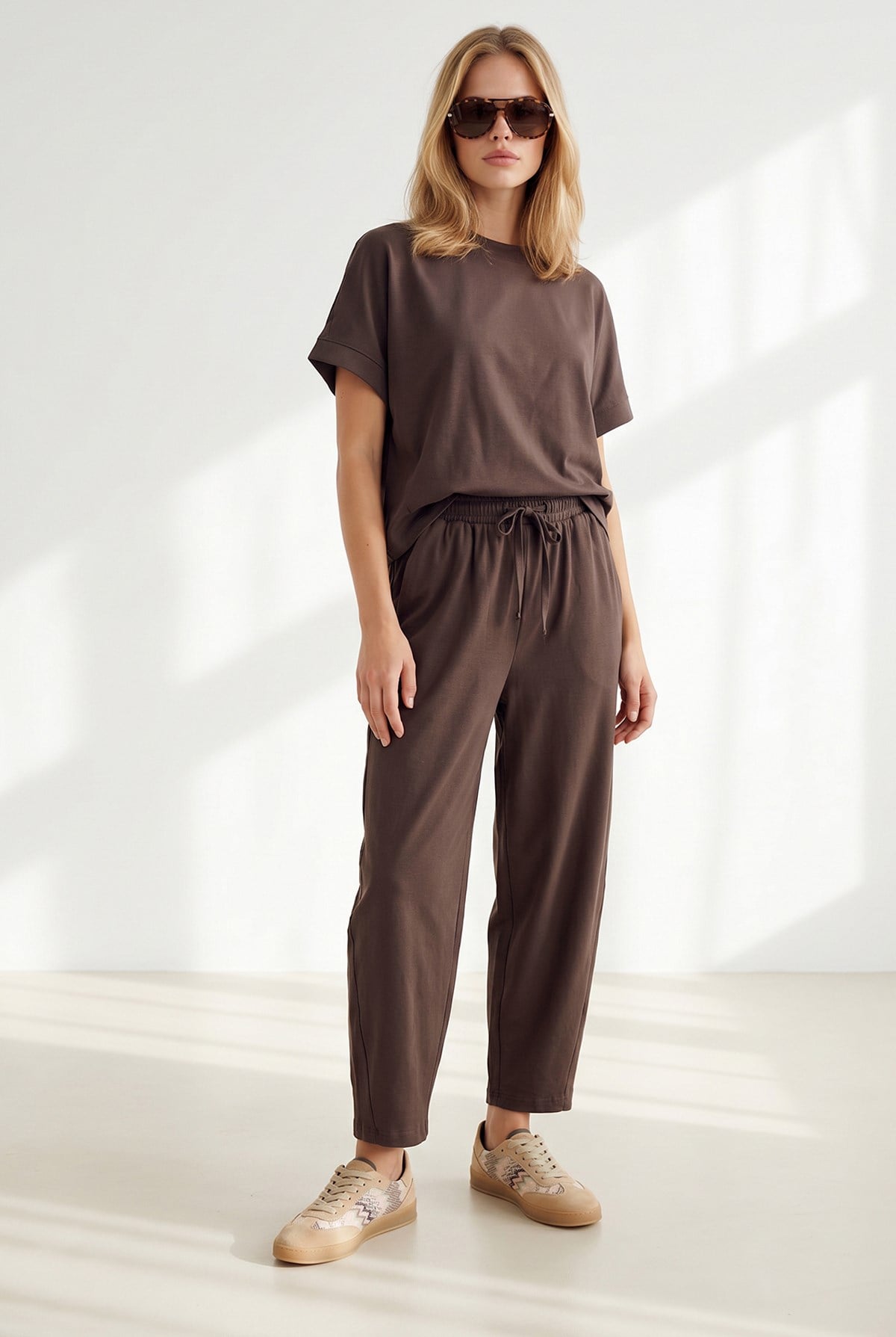 Loose Fit Alt Üst Dokuma Modal Takım Kahverengi