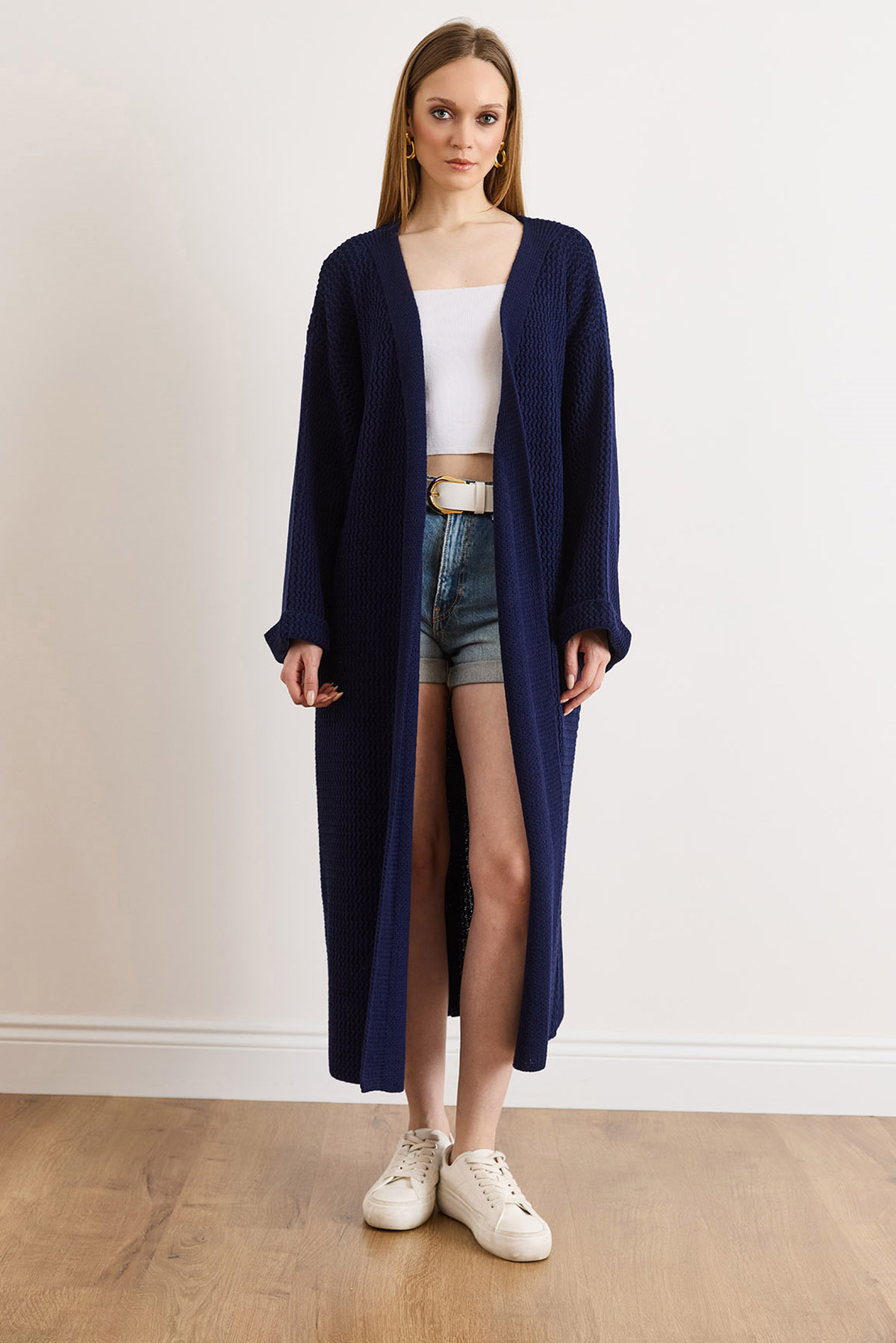Manşeti Katlamalı Maxi Triko Hırka Lacivert