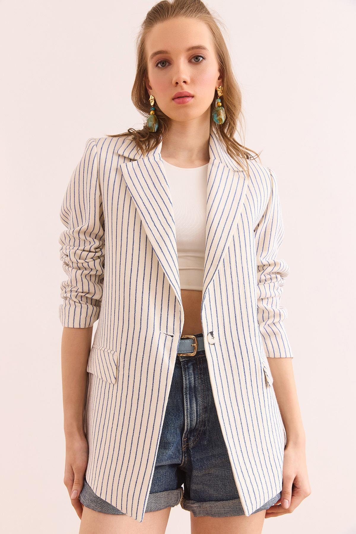 Müslin Çizgili Astarlı Blazer Ceket Mavi