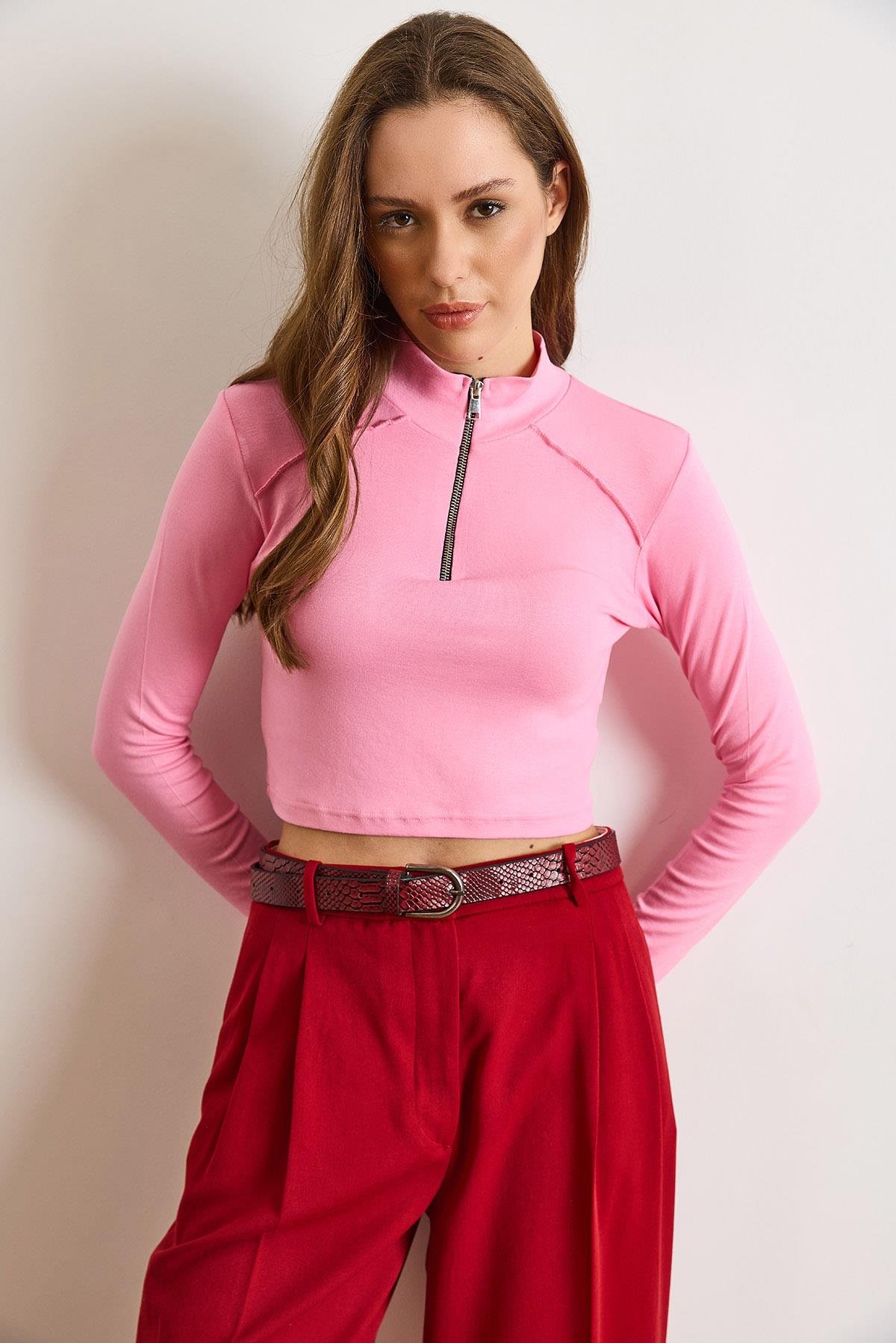 Omuz Dikiş Detaylı Crop Soft Touch Bluz Pembe