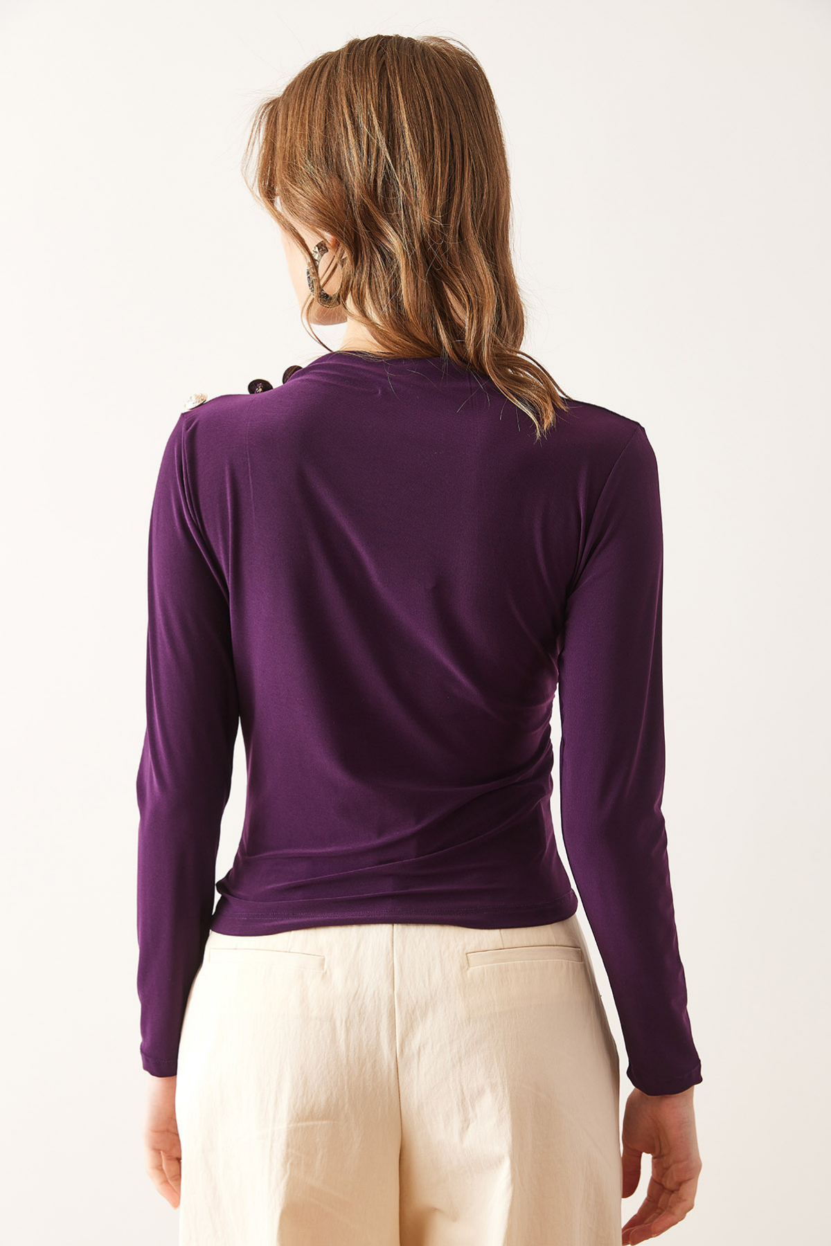 Omuzu Düğmeli Drape Detaylı Sandy Bluz Mor