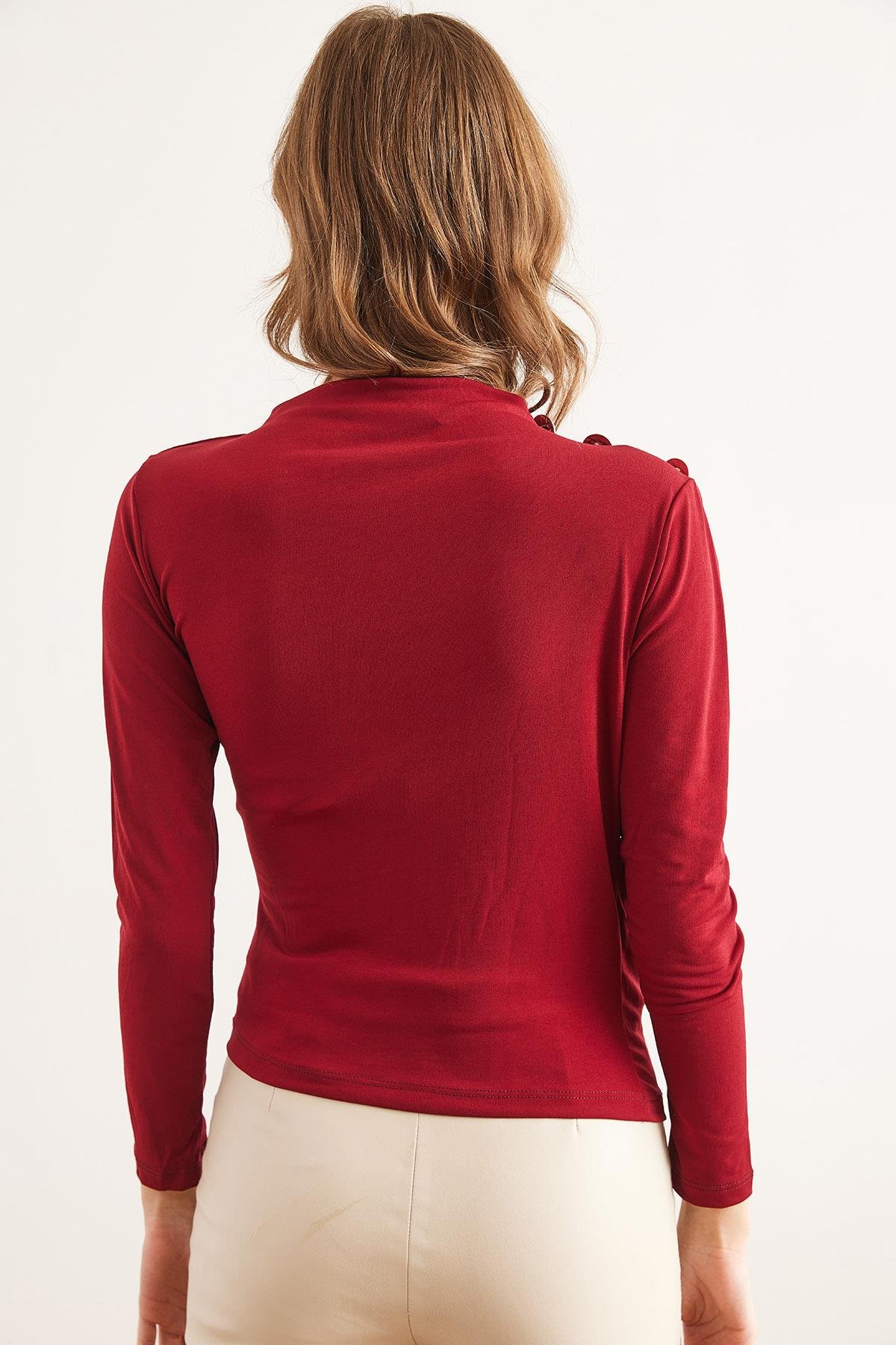 Omuzu Düğmeli Drape Detaylı Sandy Bluz Bordo