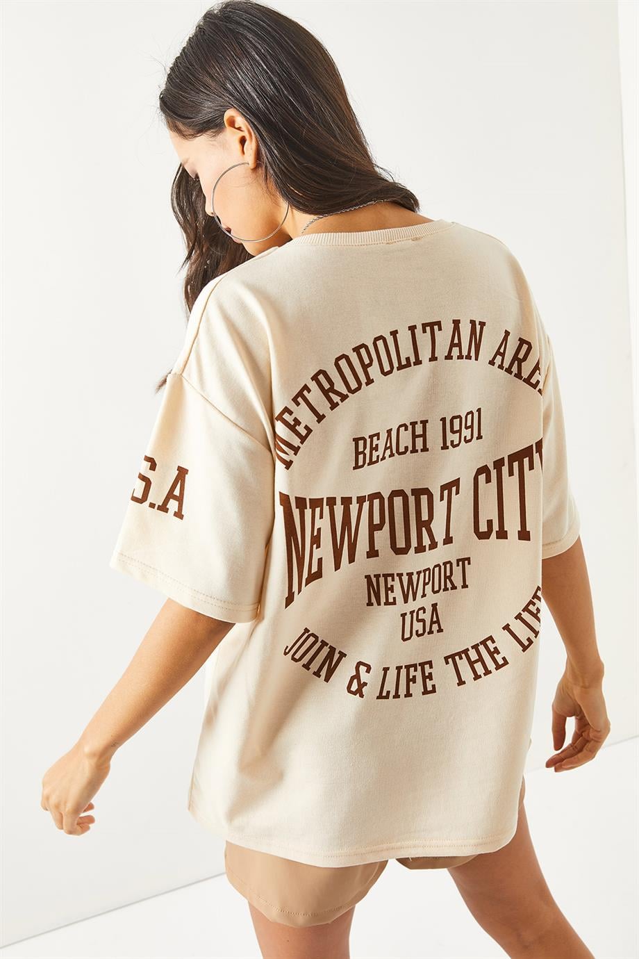 Ön Arka Baskılı 2 iplik Unisex Oversize Tişört Newport Bej