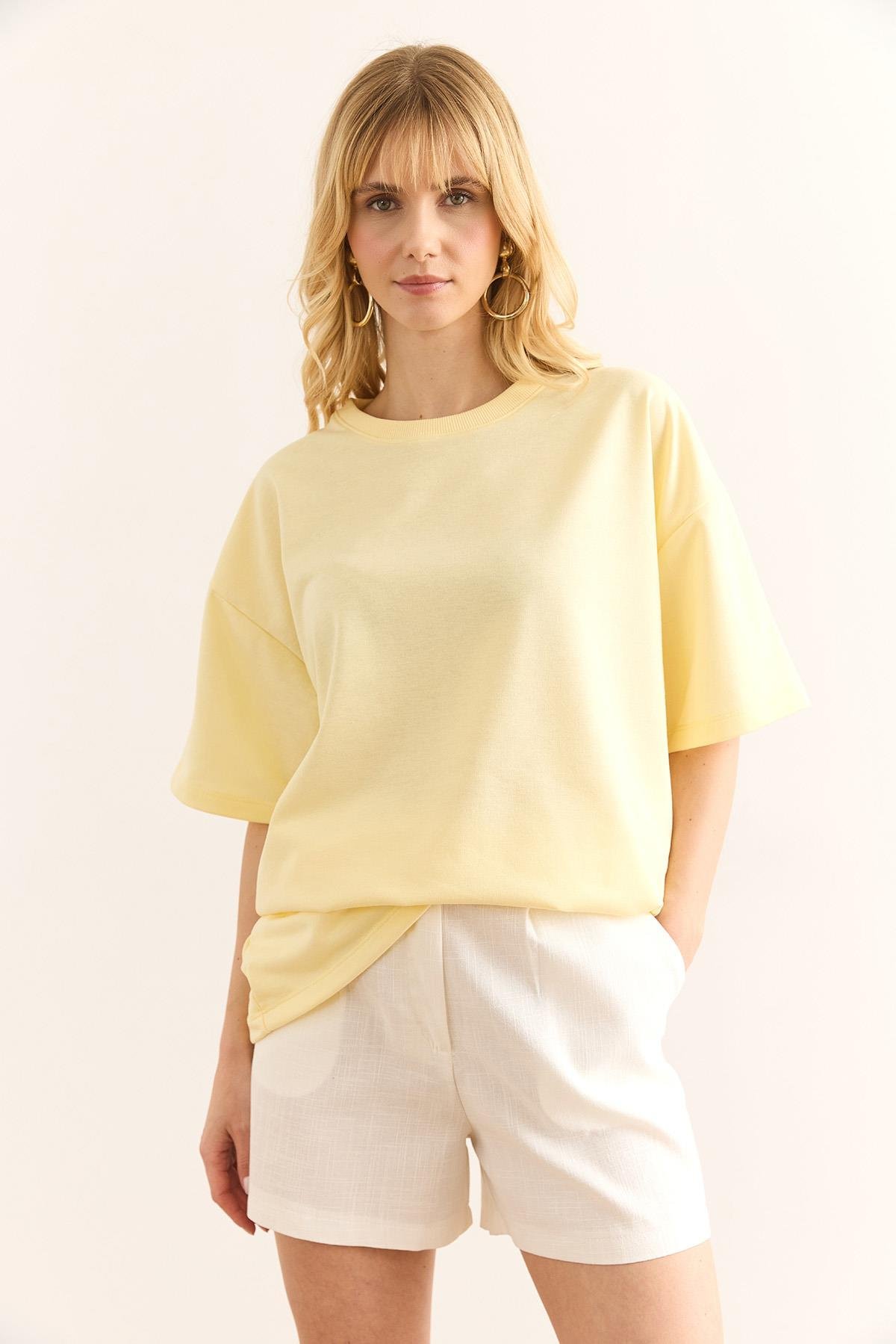 Ön Arka Baskılı 2 iplik Unisex Oversize Tişört Sarı