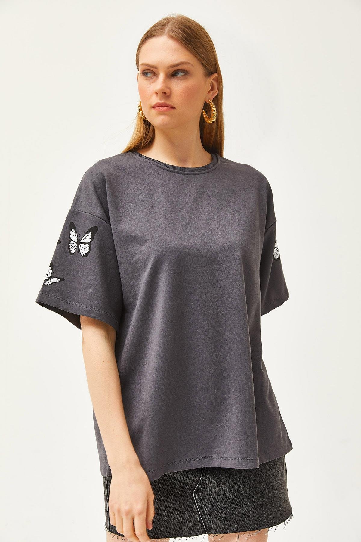 Ön Arka Baskılı 2 iplik Unisex Oversize Tişört Kelebek Füme