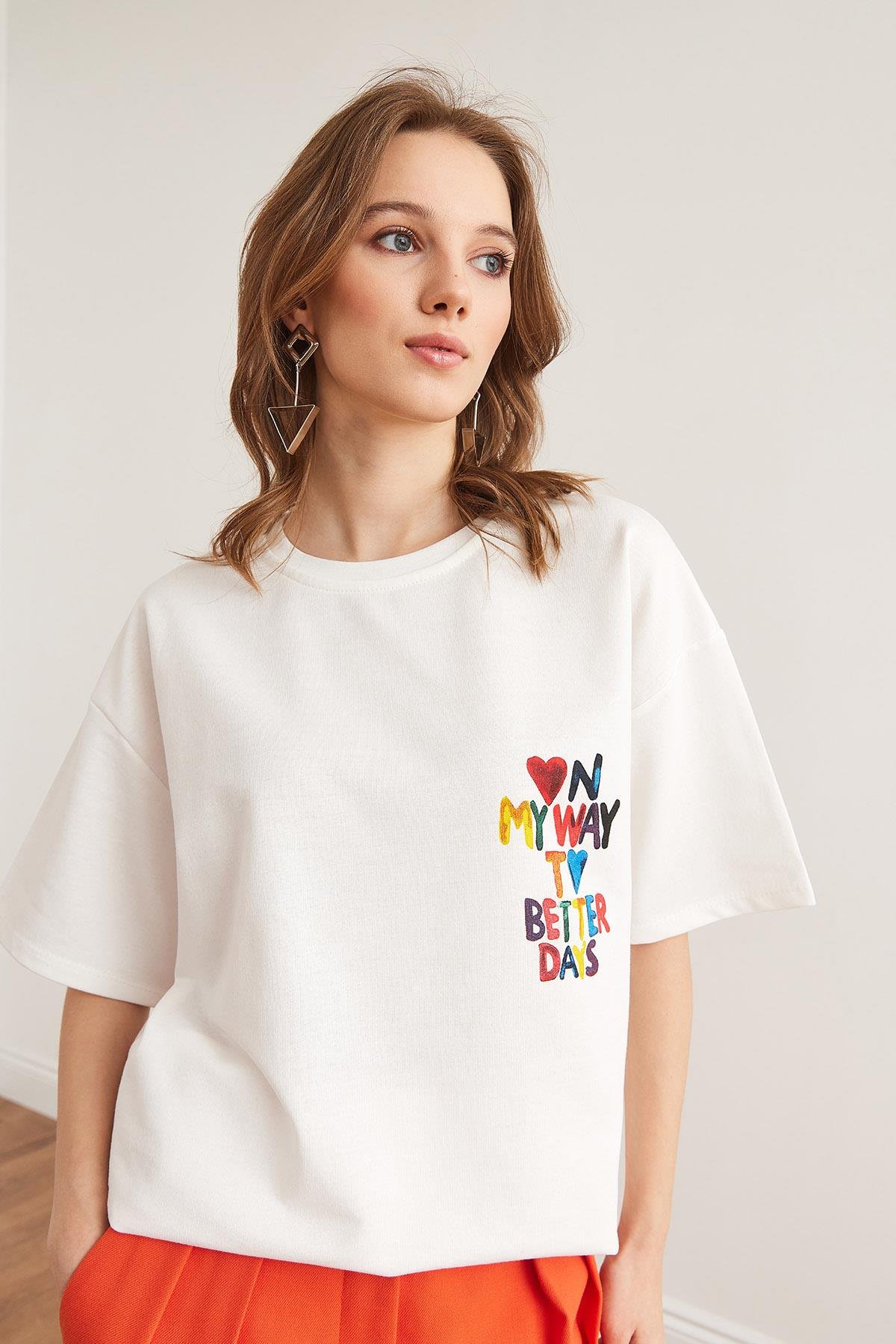 Ön Arka Baskılı 2 iplik Unisex Oversize Tişört Beyaz Kalp