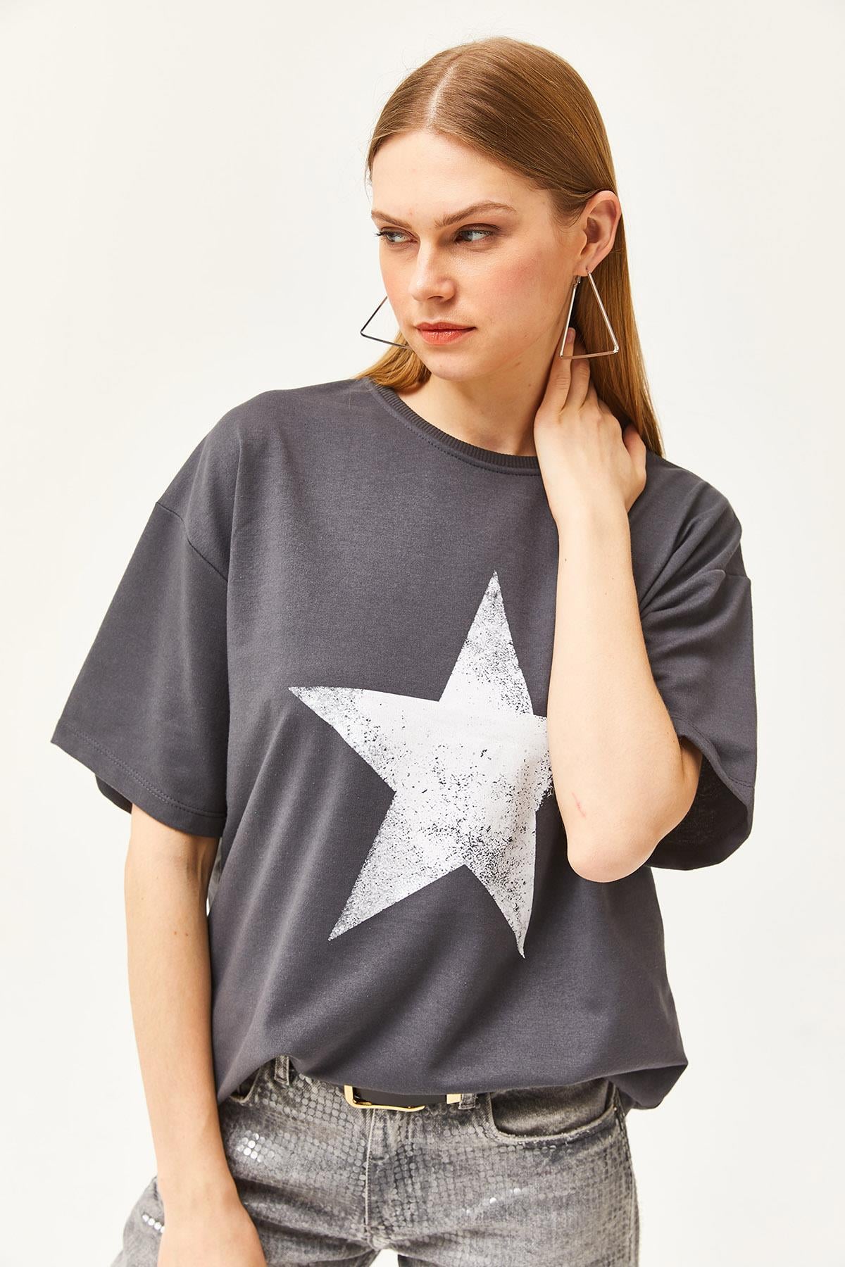 Ön Arka Baskılı 2 iplik Unisex Oversize Tişört Yıldız Füme