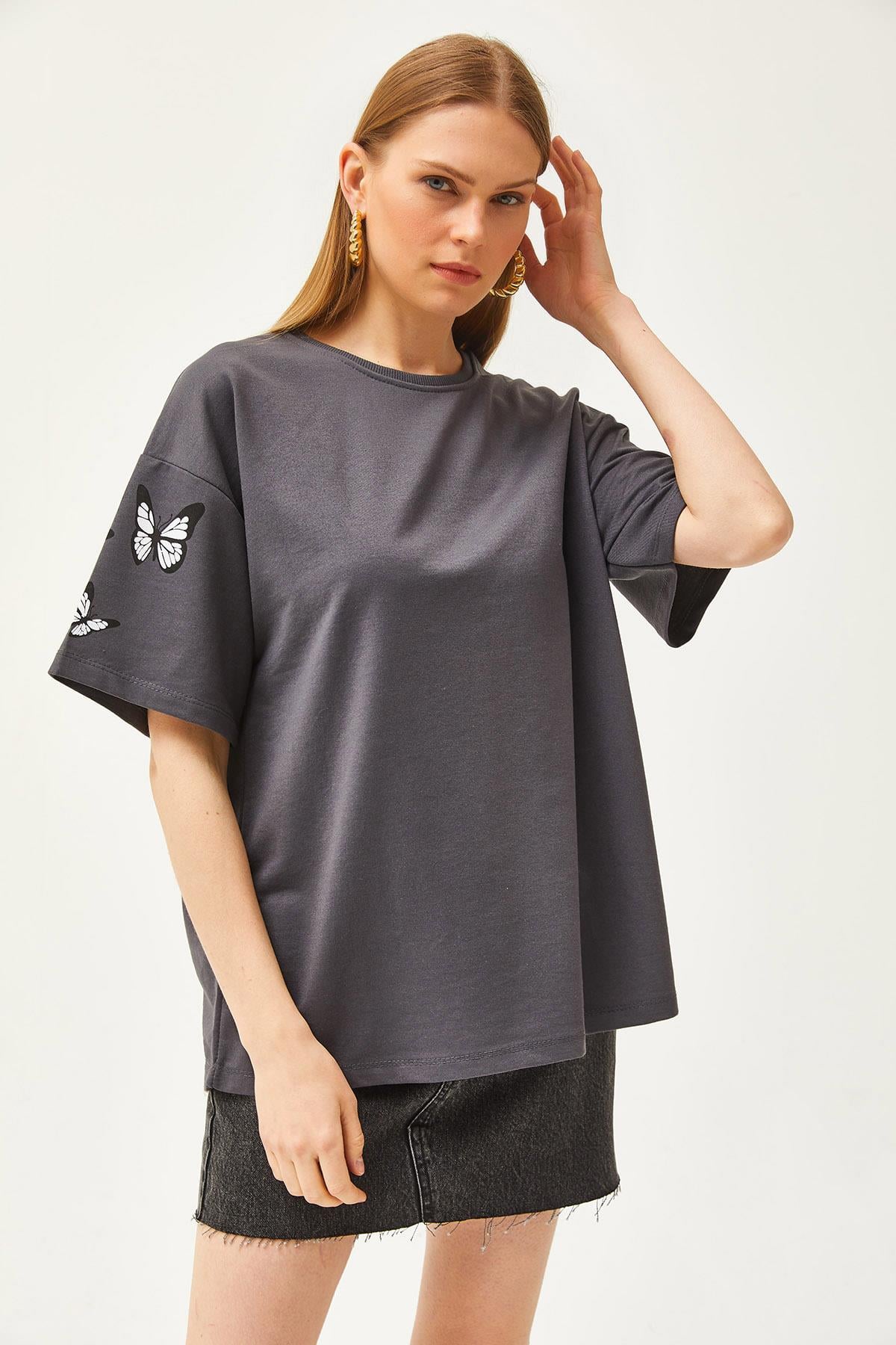 Ön Arka Baskılı 2 iplik Unisex Oversize Tişört Kelebek Füme