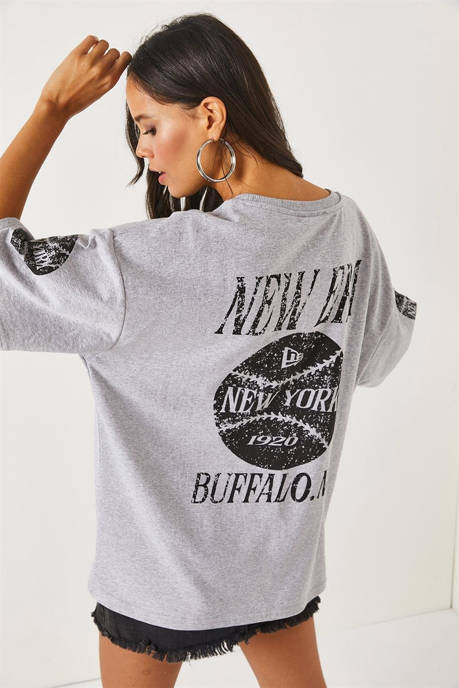 Ön Arka Baskılı 2 iplik Unisex Oversize Tişört Newyork Gri