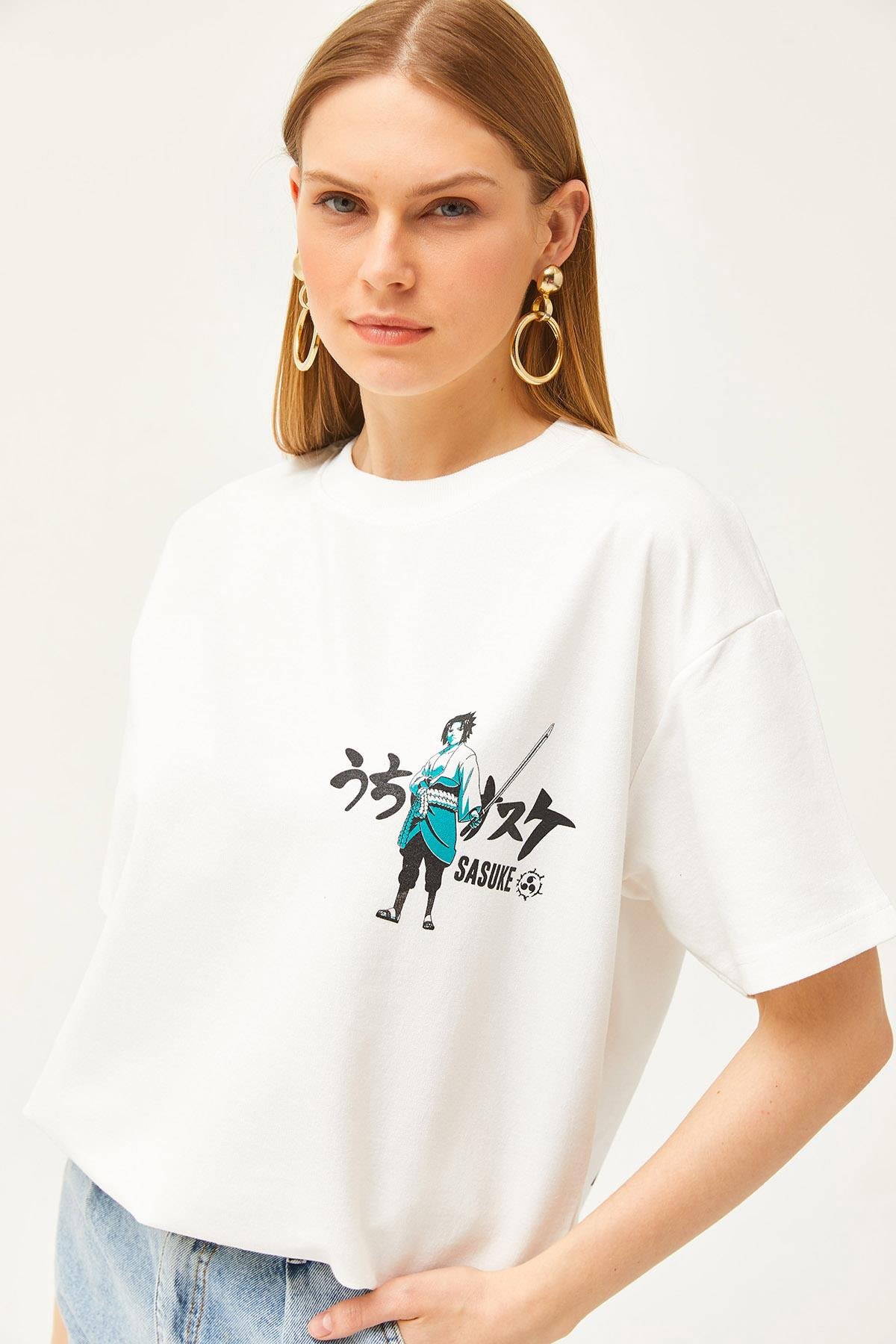 Ön Arka Baskılı 2 iplik Unisex Oversize Tişört Japon Ekru