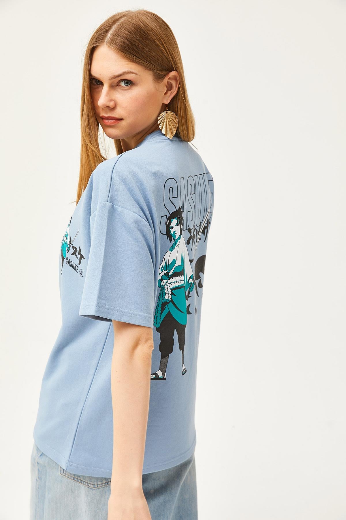 Ön Arka Baskılı 2 iplik Unisex Oversize Tişört Japon Mavi