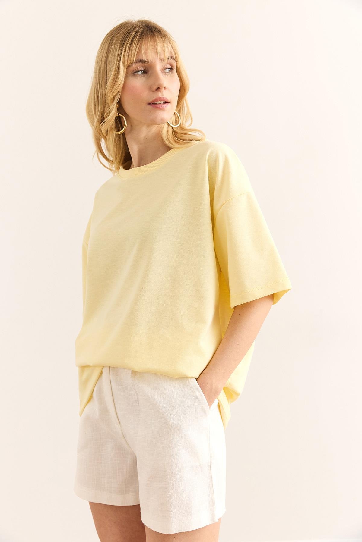 Ön Arka Baskılı 2 iplik Unisex Oversize Tişört Sarı