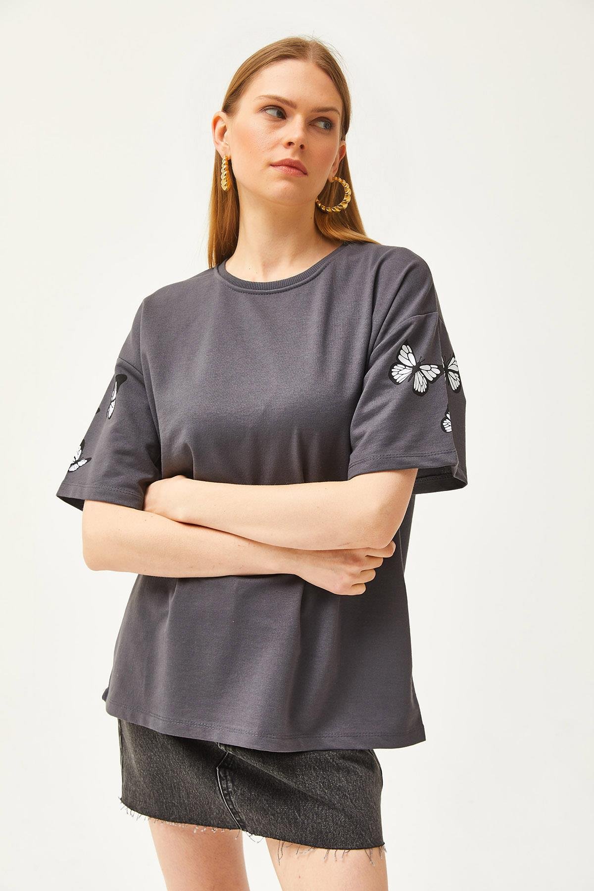 Ön Arka Baskılı 2 iplik Unisex Oversize Tişört Kelebek Füme
