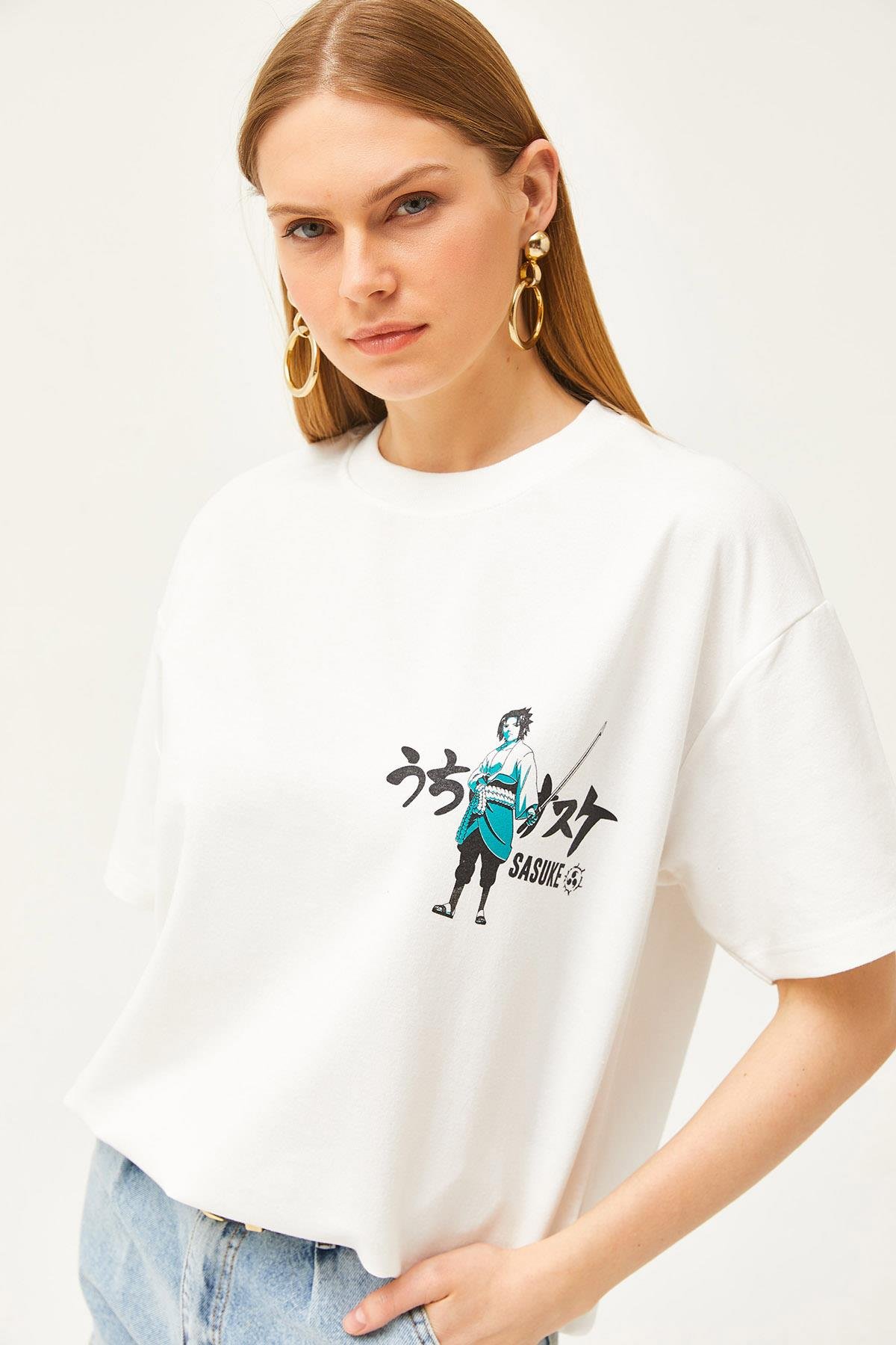Ön Arka Baskılı 2 iplik Unisex Oversize Tişört Japon Ekru