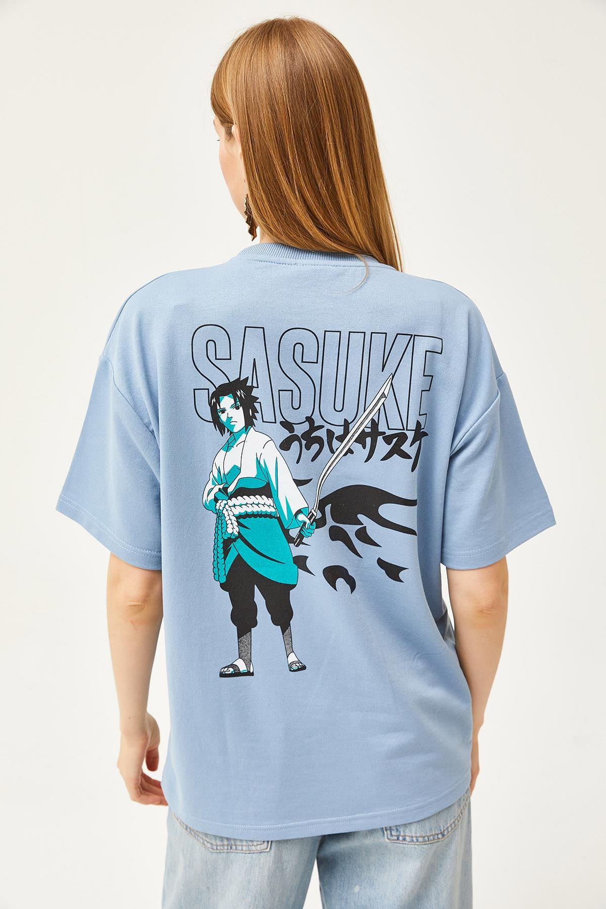 Ön Arka Baskılı 2 iplik Unisex Oversize Tişört Japon Mavi