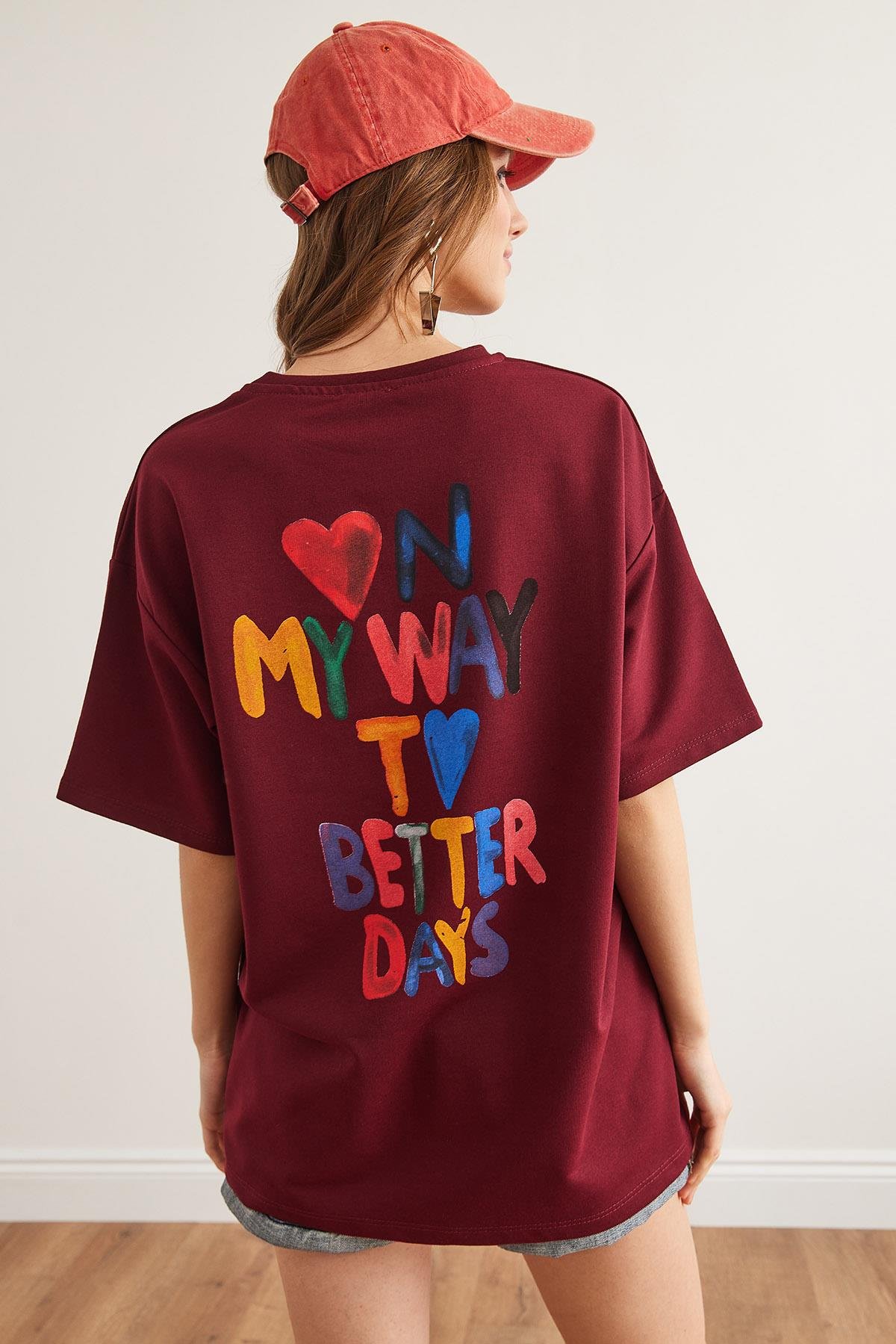 Ön Arka Baskılı 2 iplik Unisex Oversize Tişört Bordo Kalp