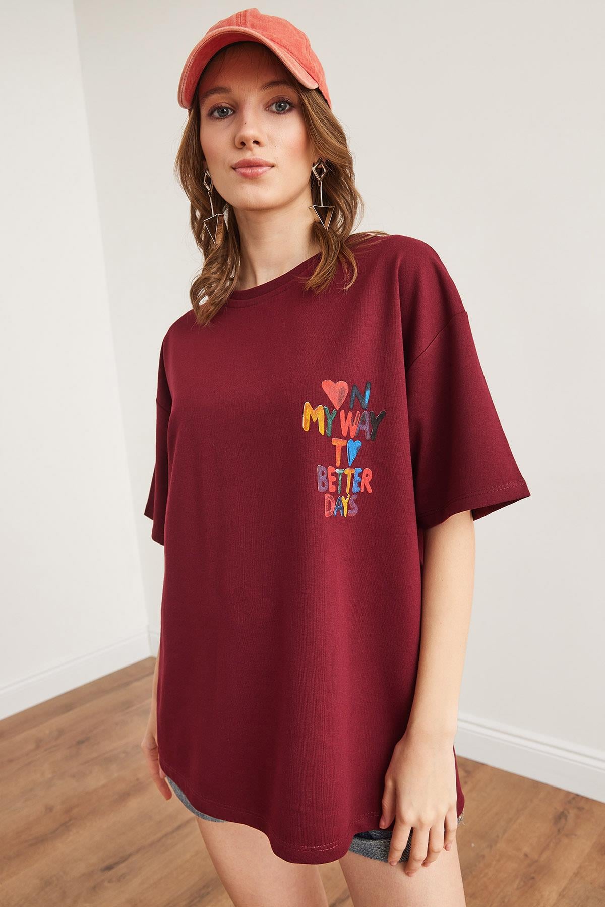 Ön Arka Baskılı 2 iplik Unisex Oversize Tişört Bordo Kalp