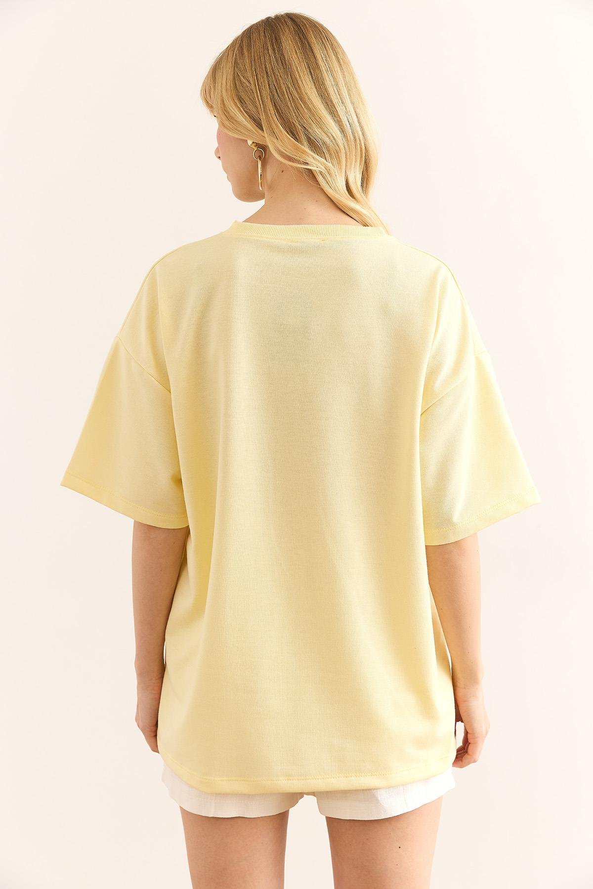 Ön Arka Baskılı 2 iplik Unisex Oversize Tişört Sarı