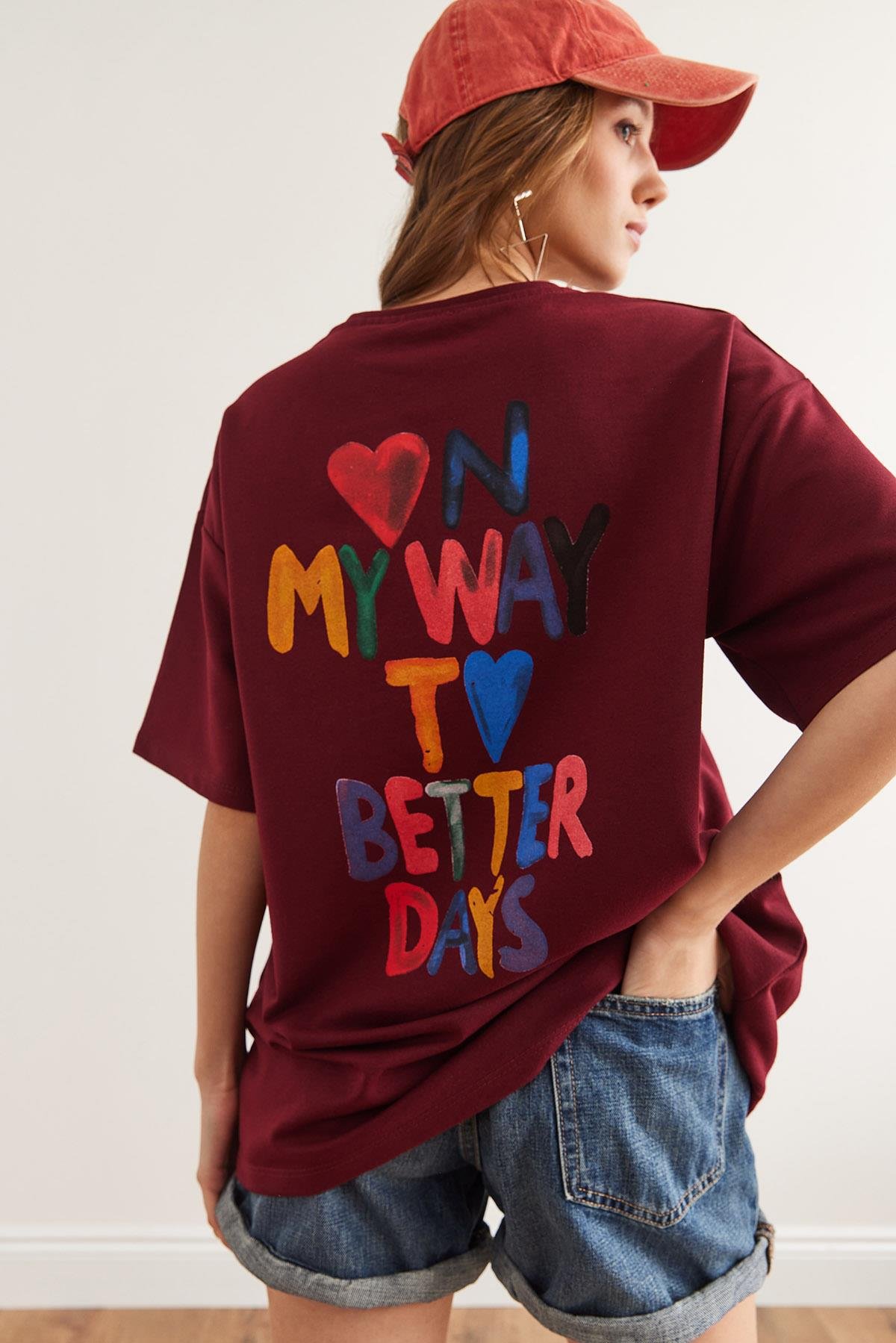 Ön Arka Baskılı 2 iplik Unisex Oversize Tişört Bordo Kalp