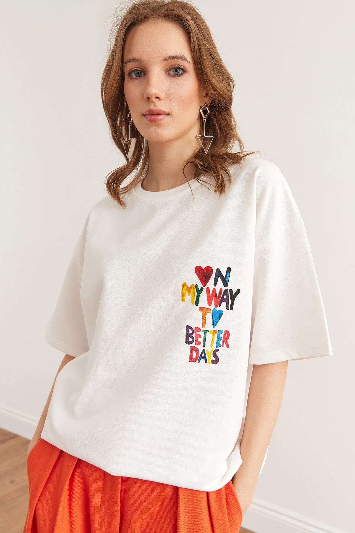 Ön Arka Baskılı 2 iplik Unisex Oversize Tişört Beyaz Kalp