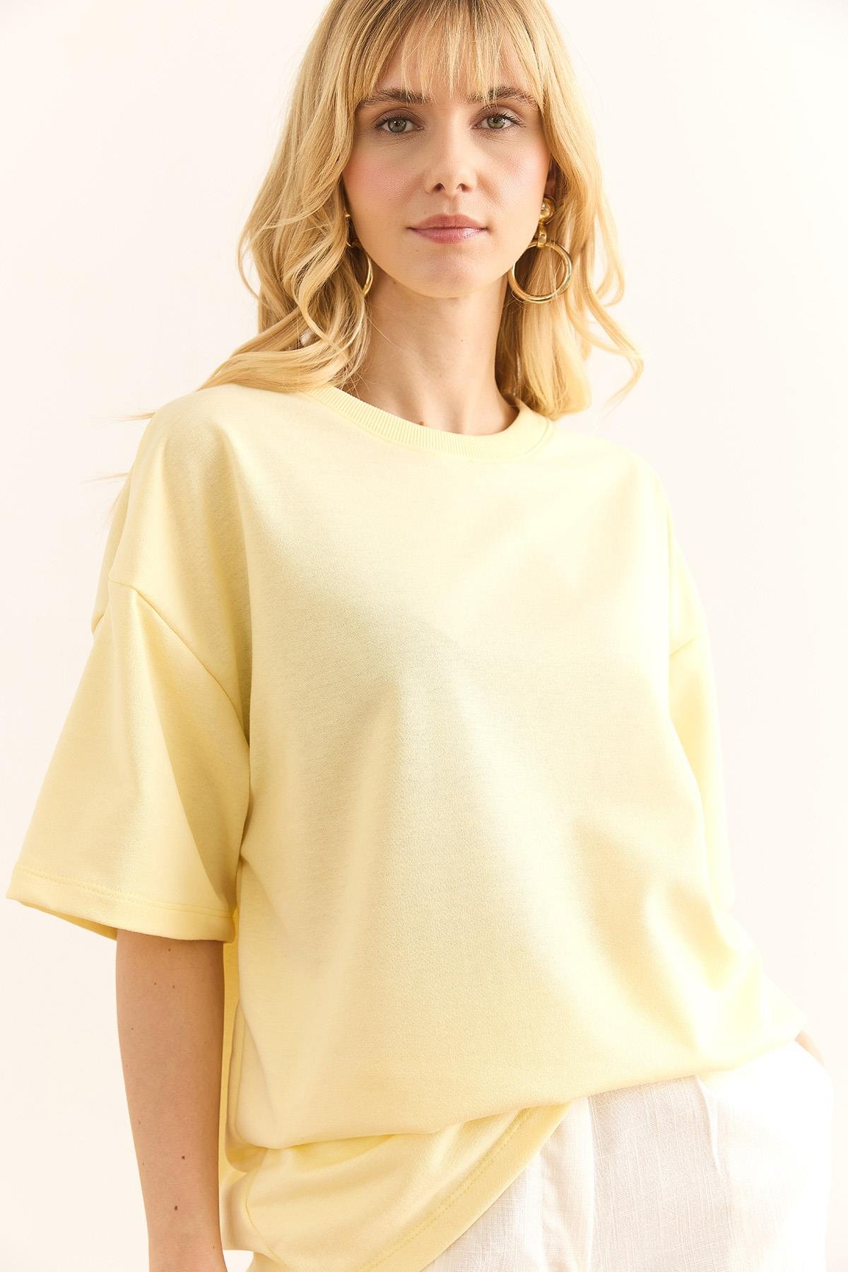 Ön Arka Baskılı 2 iplik Unisex Oversize Tişört Sarı